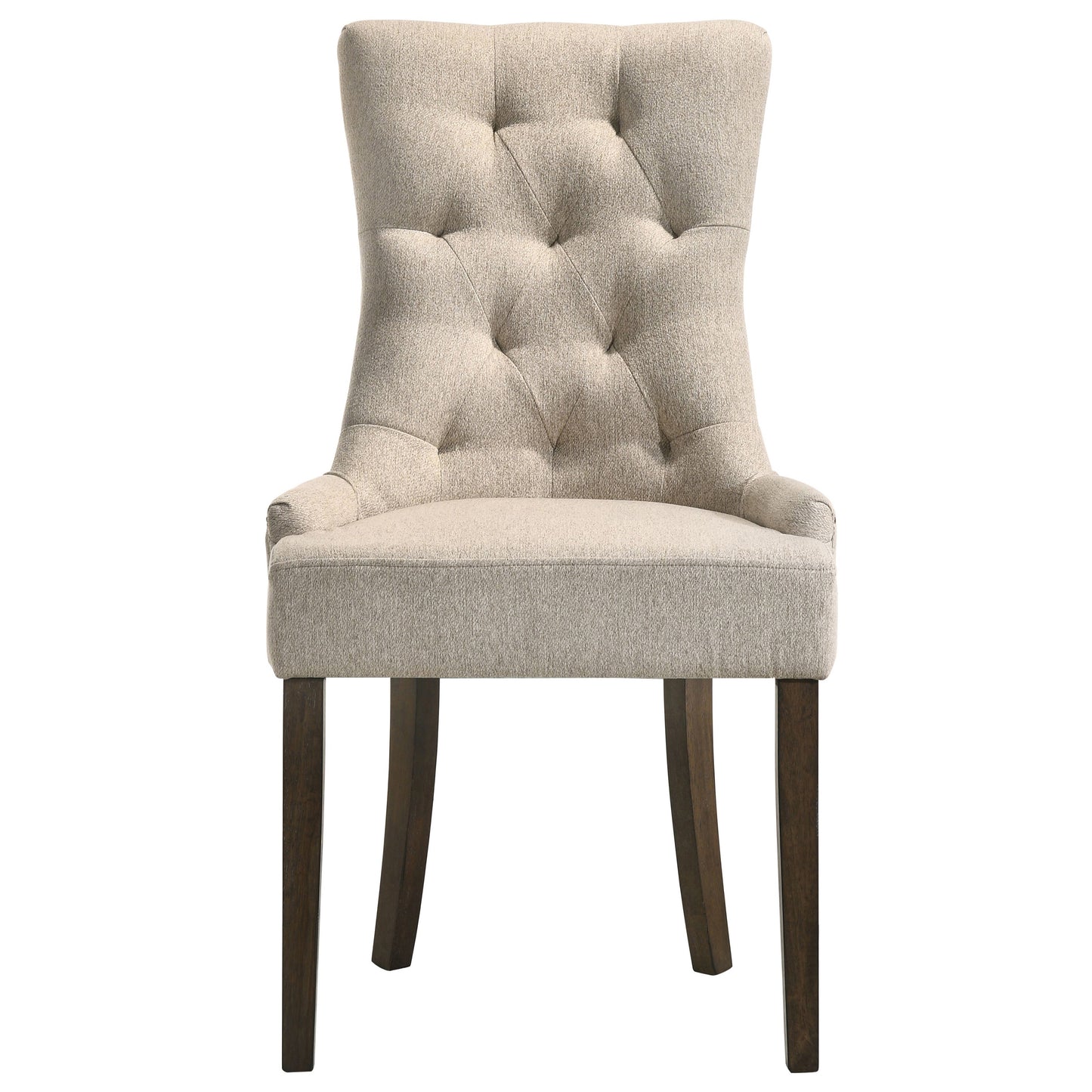 Tufted beige fabric dining chair with dark wood legs