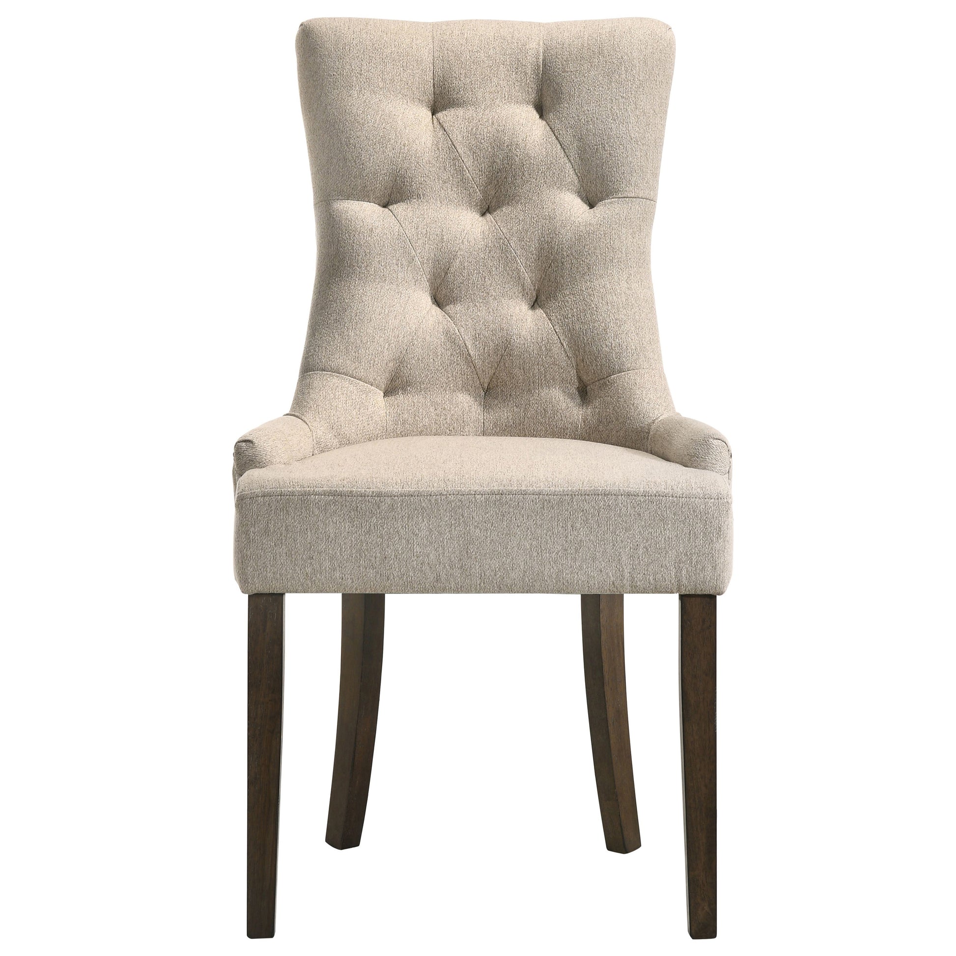 Tufted beige fabric dining chair with dark wood legs