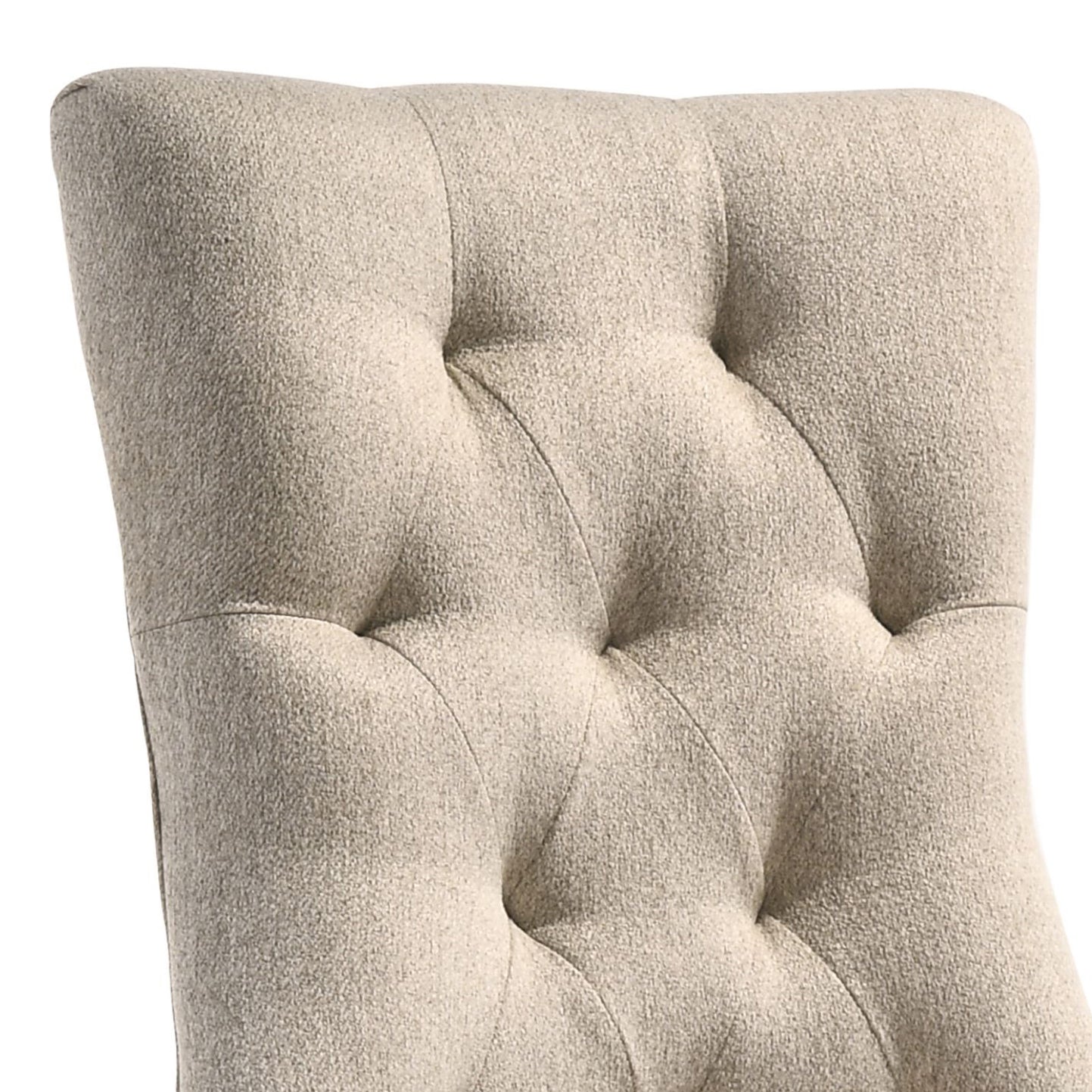 Tufted beige upholstered dining chair back with diamond stitching