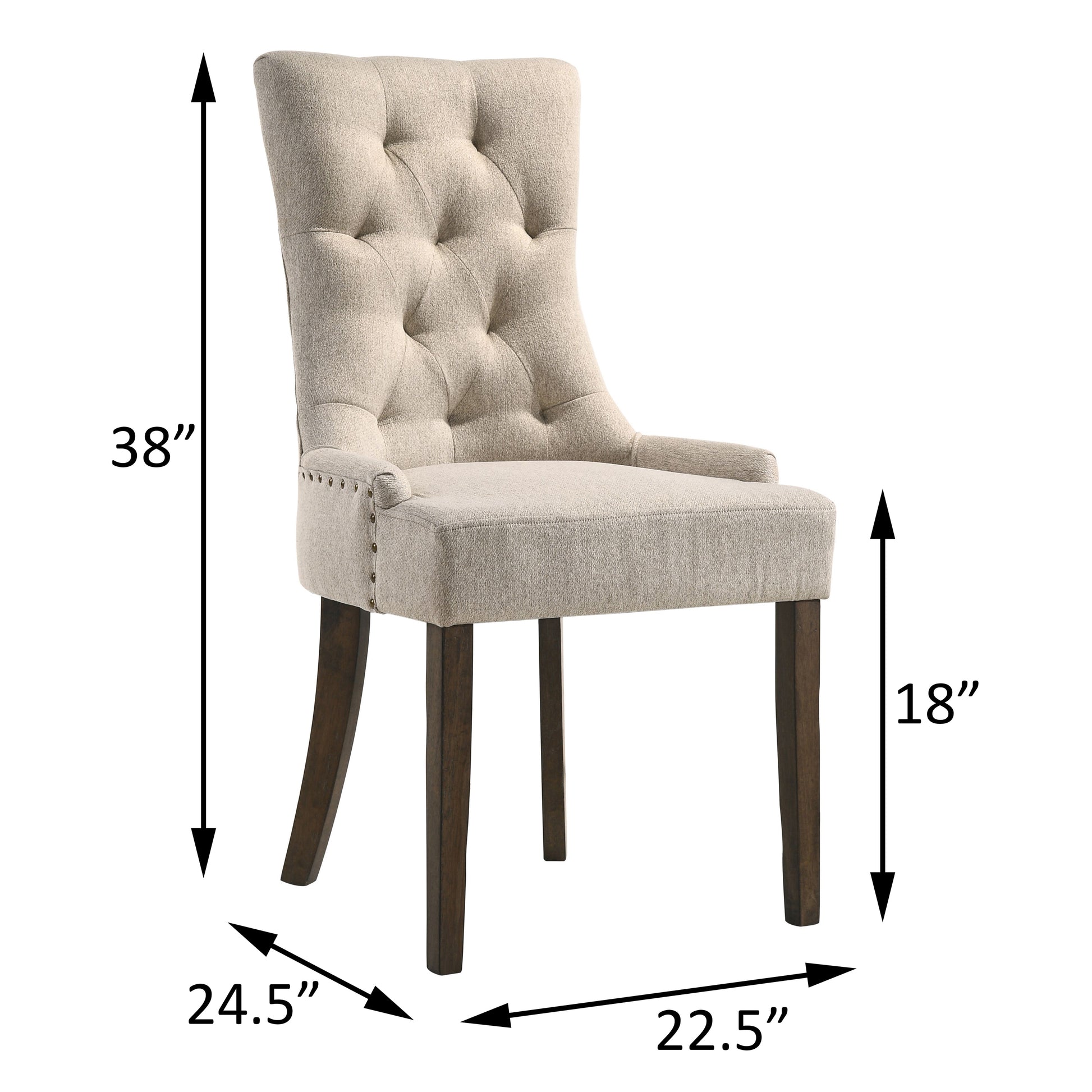 Tufted natural linen dining chair with antique brass nailhead trim and dark wood legs Features classic upholstered seat and back  H