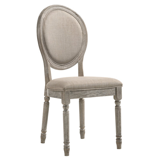 Distressed wood Louis XVI chair with linen upholstered seat and back