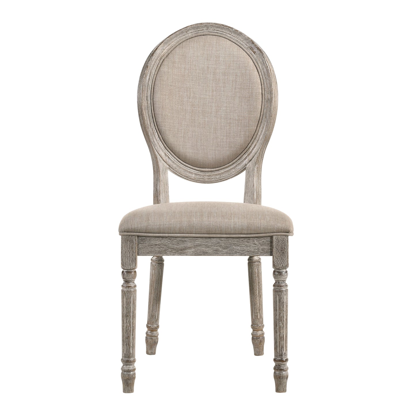 French country armchair with distressed wood frame and beige upholstered seat and back