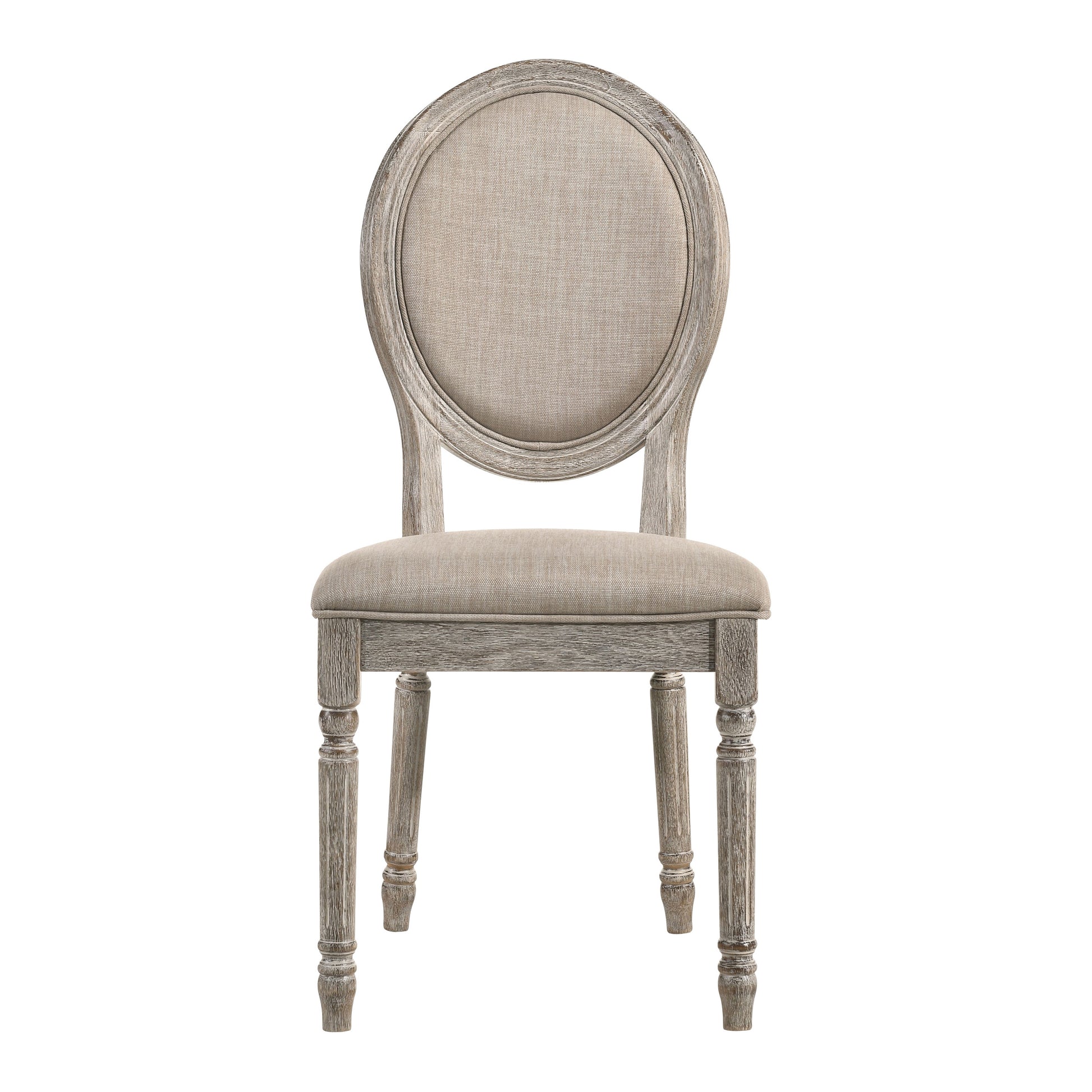 French country armchair with distressed wood frame and beige upholstered seat and back
