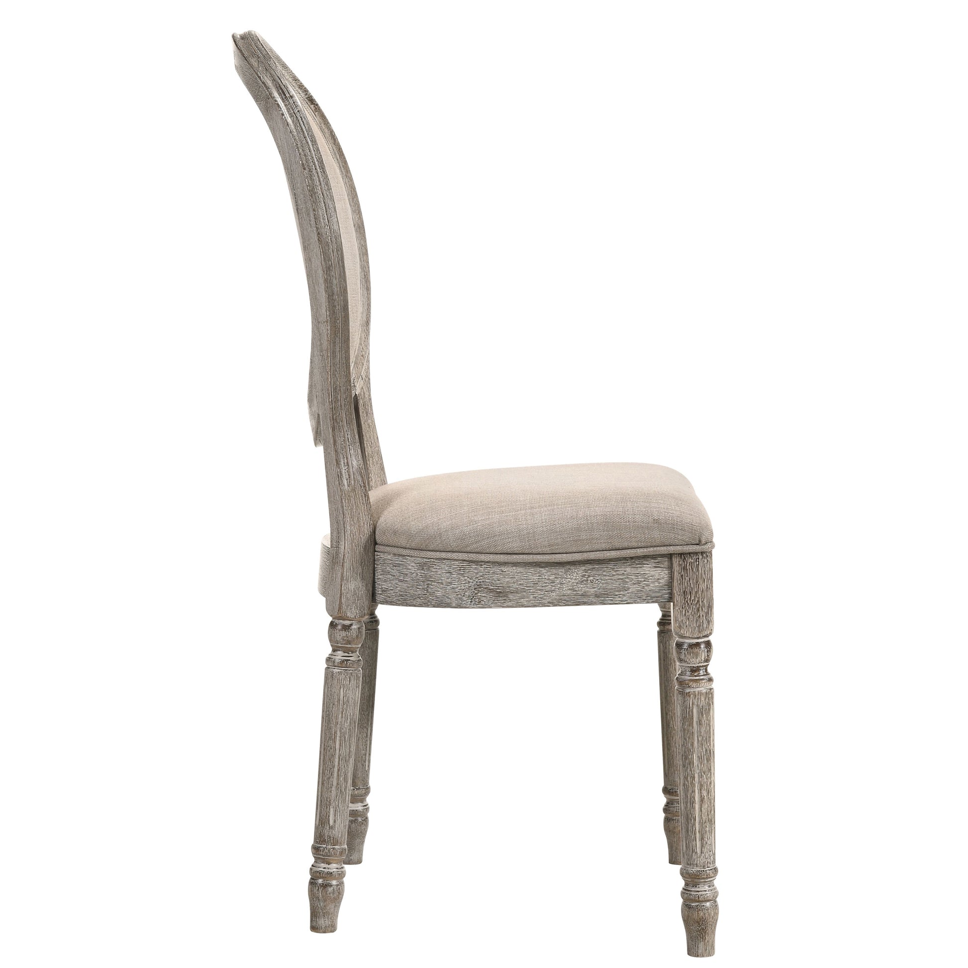 Weathered grey French country dining chair with upholstered linen seat and turned legs