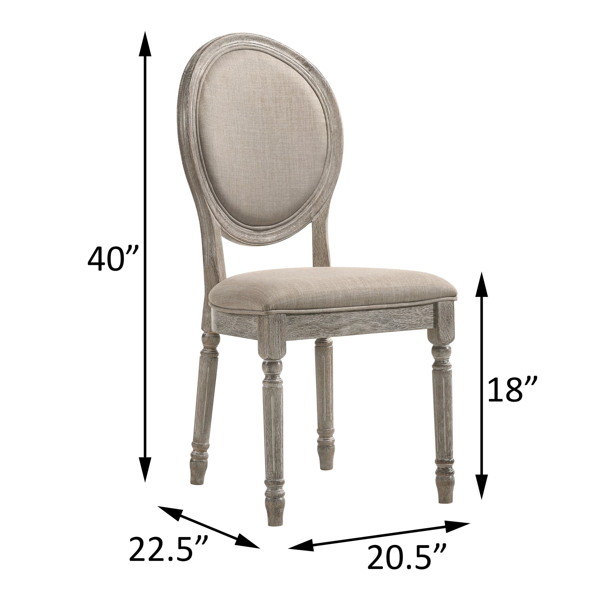 Classic oval back dining chair with distressed gray wood frame and neutral linen upholstery