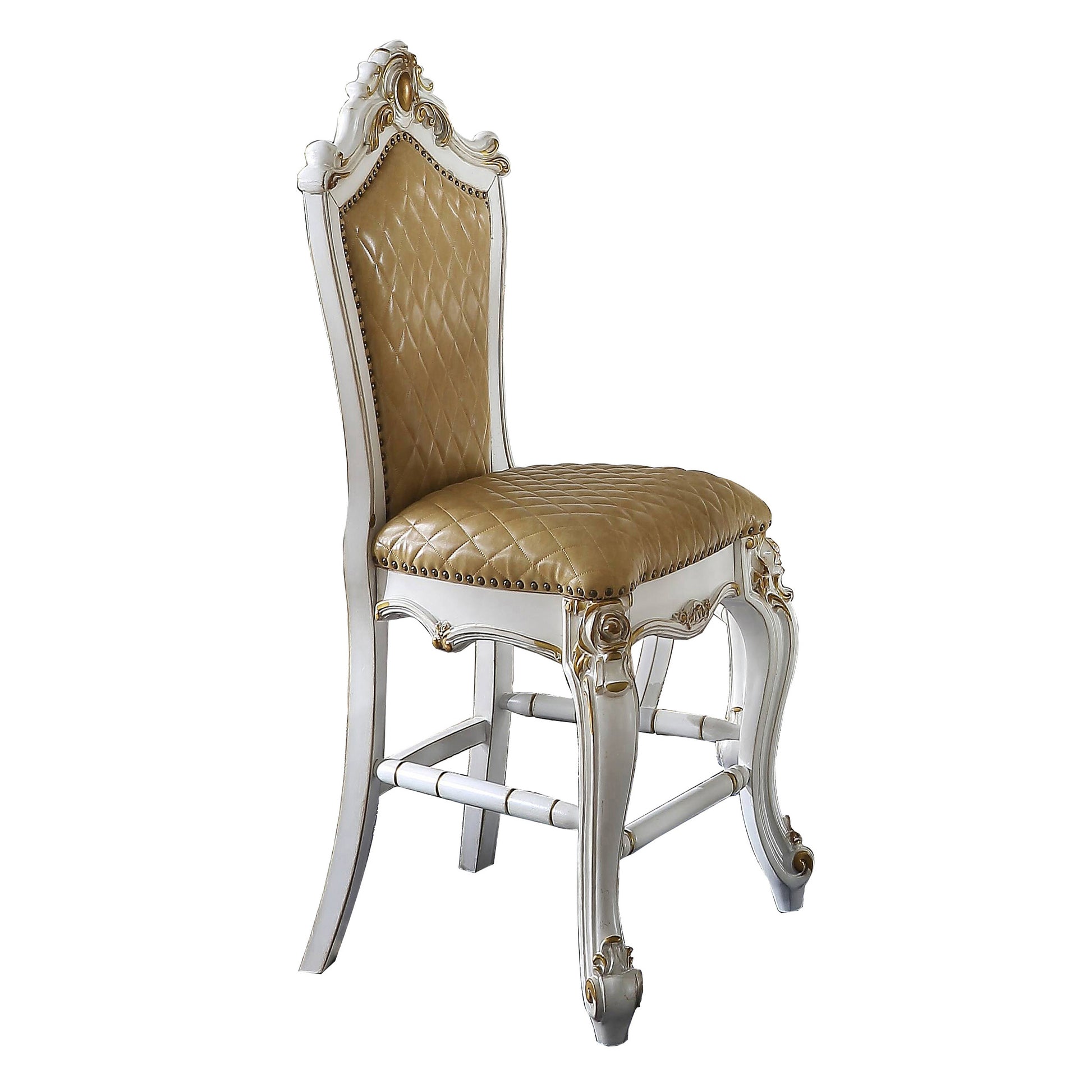 Ornate tufted gold leather dining chair with distressed white frame and gold accents