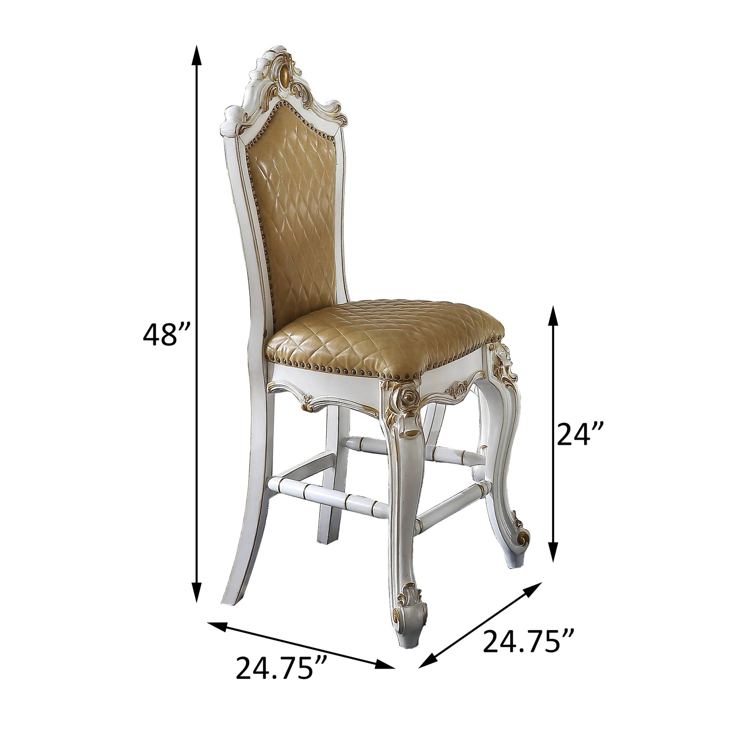 Ornate white and gold bar stool with quilted tan leather seat and back