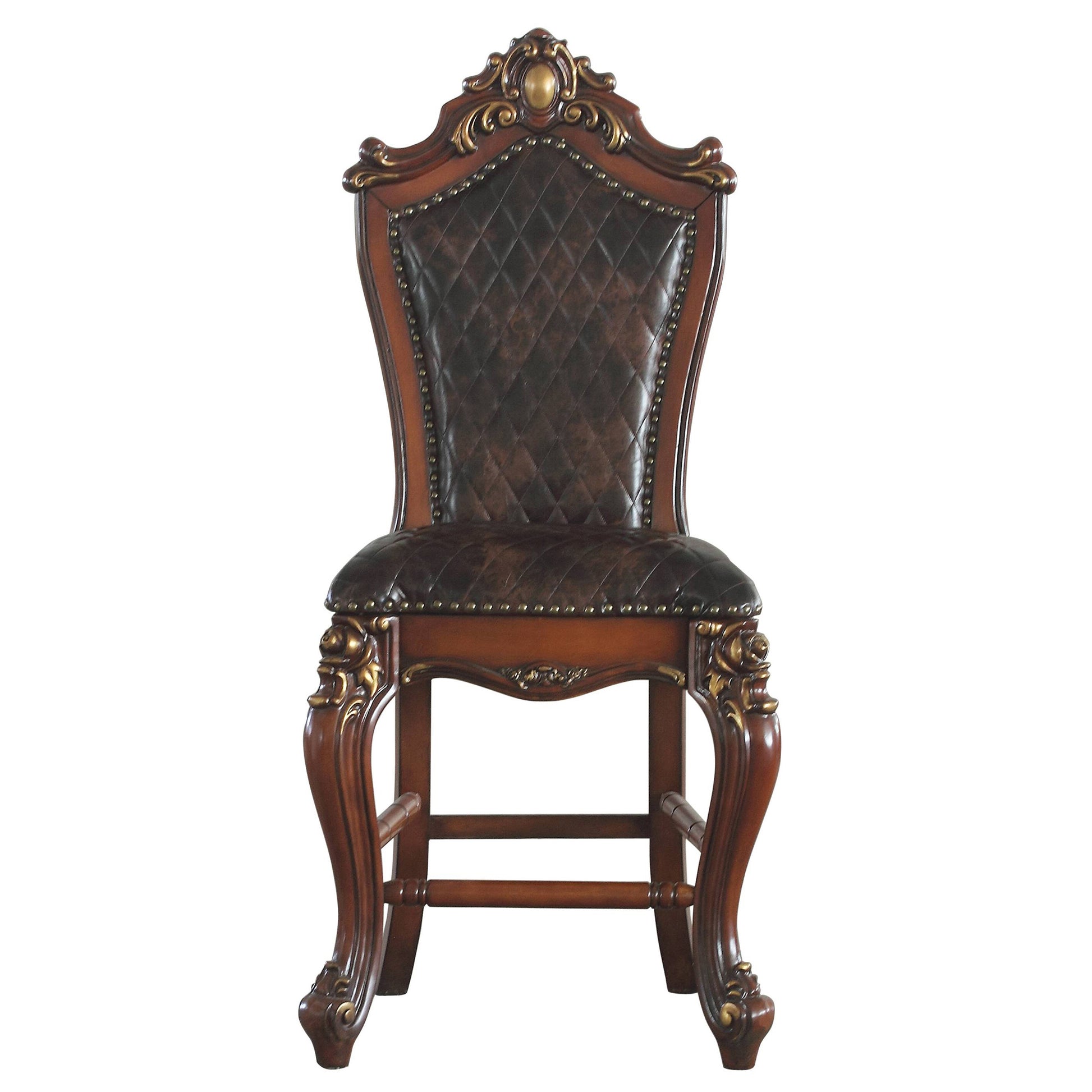 Ornate dark brown tufted leather bar stool with carved wood and gold accents