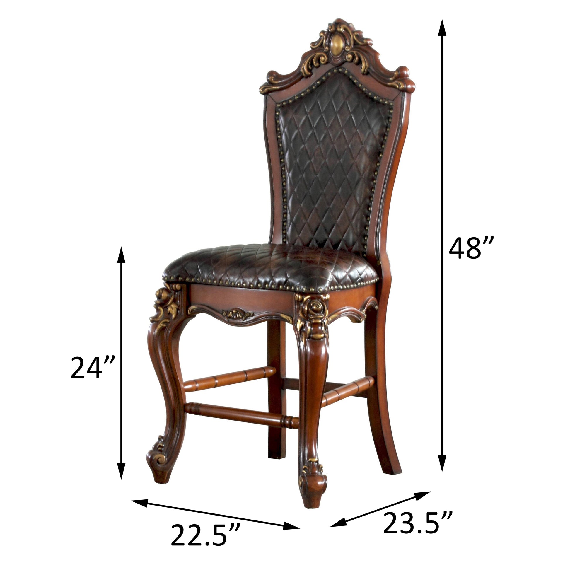 Dark brown tufted leather baroque accent chair with ornate carved wood detailing