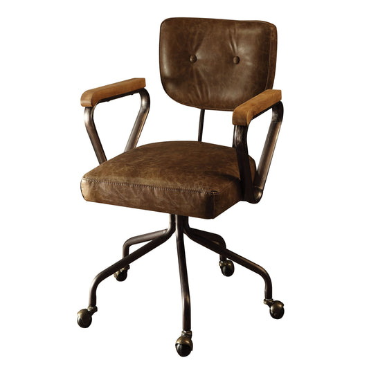 Distressed brown leather executive chair with metal frame and wooden armrests