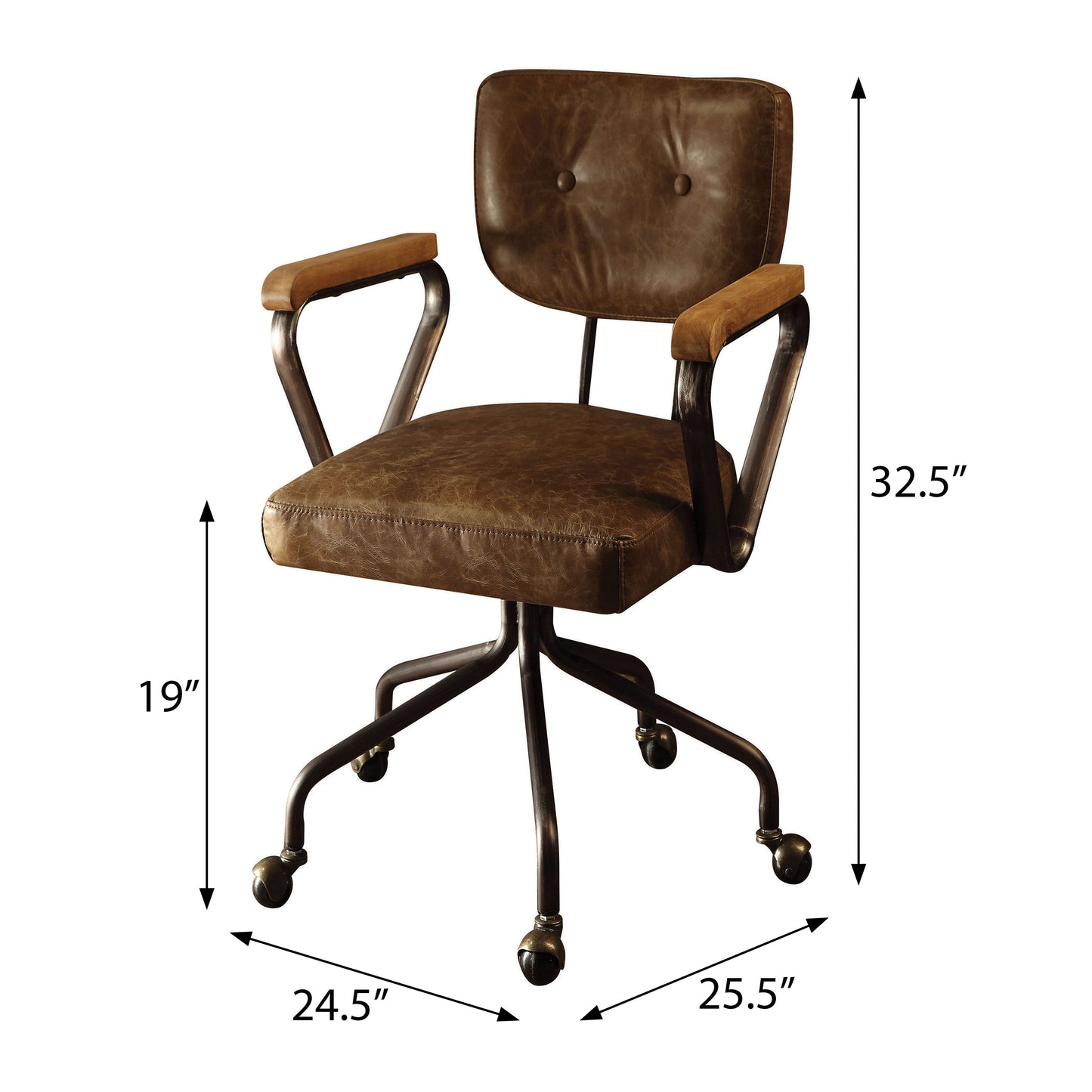 Distressed brown leather office chair with adjustable height and caster wheels