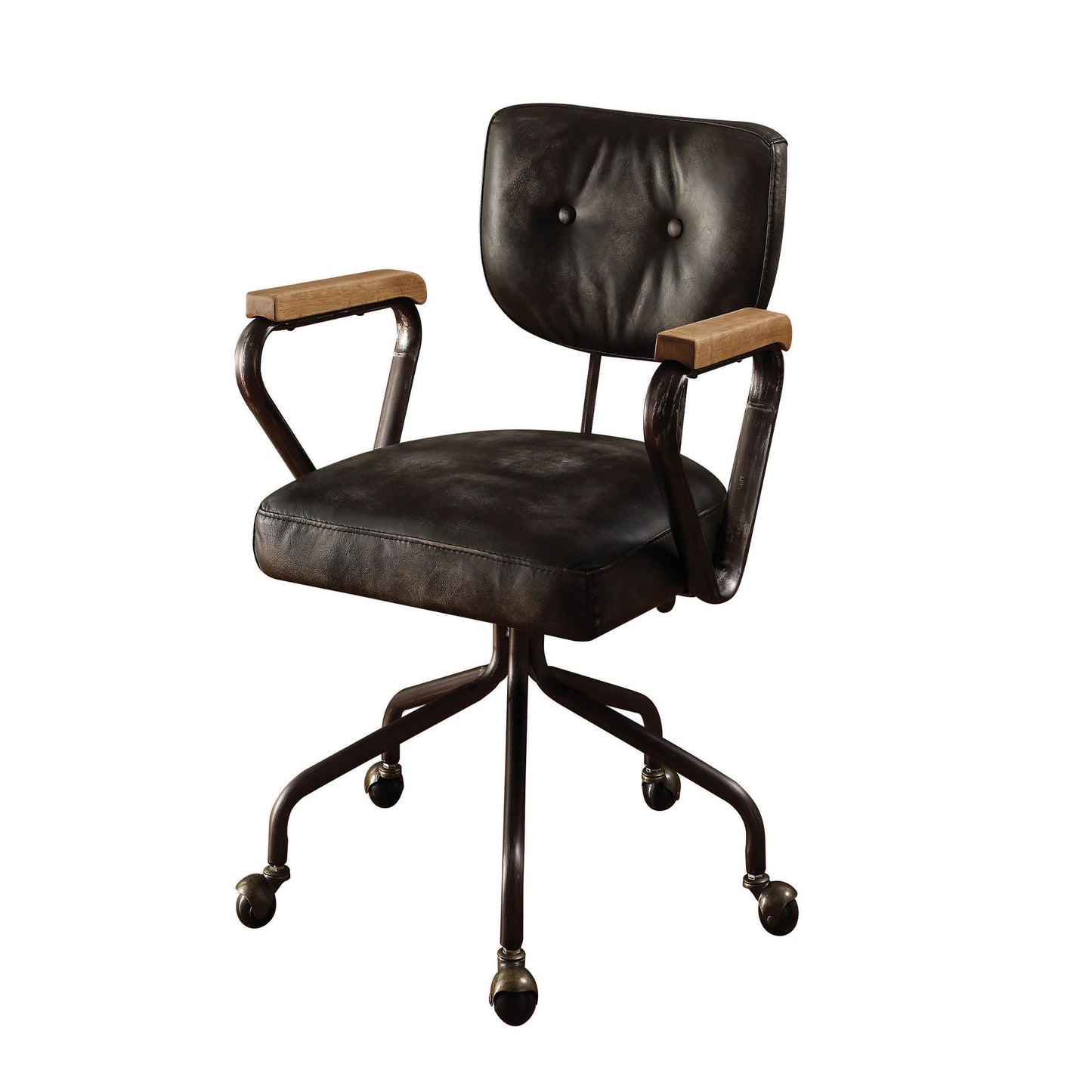 Industrial desk chair with distressed black leather and natural wood arms