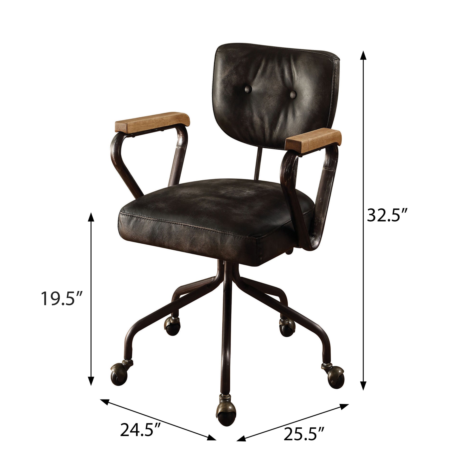 Distressed black leather office chair with wooden armrests and metal base