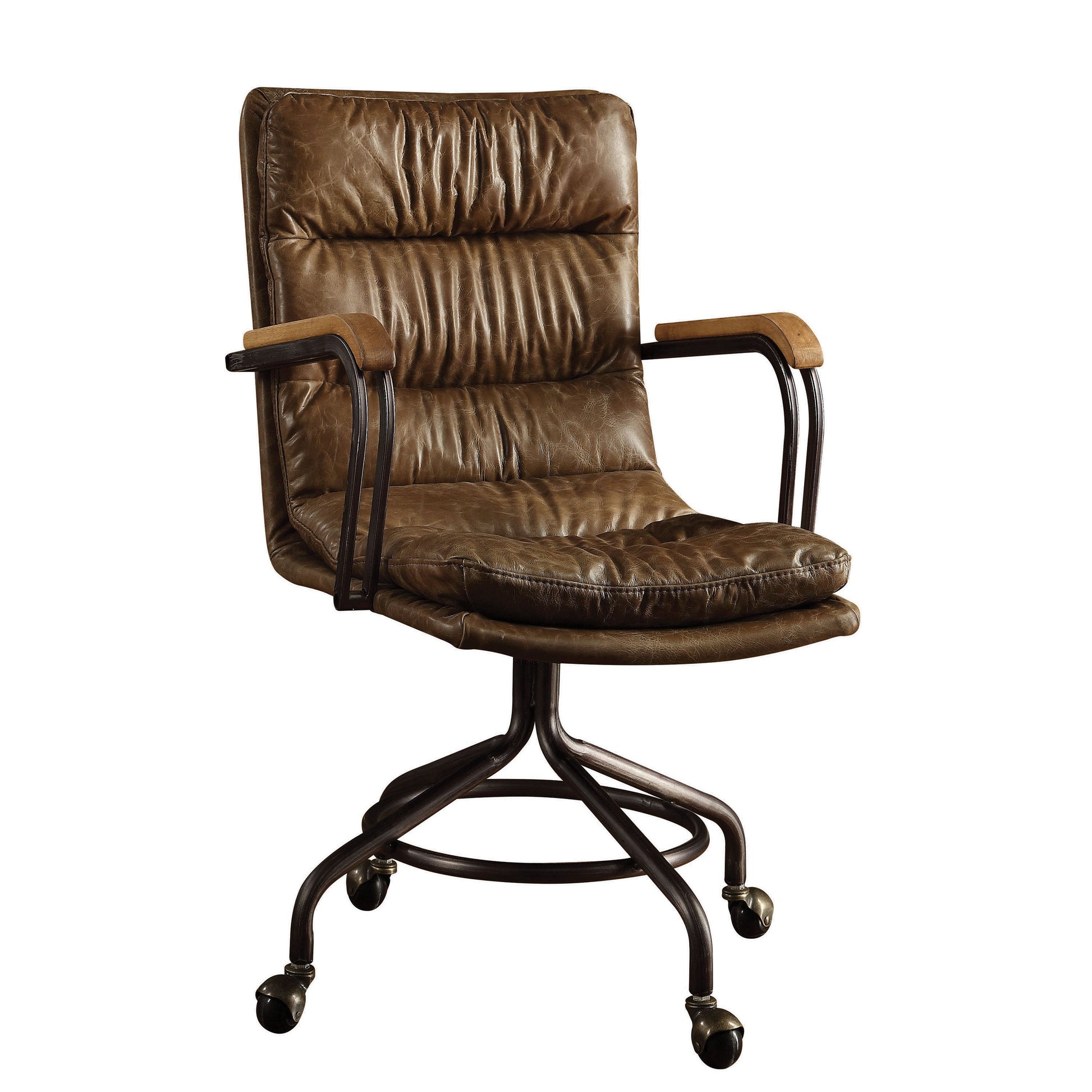 Brown distressed leather executive chair with metal frame and casters