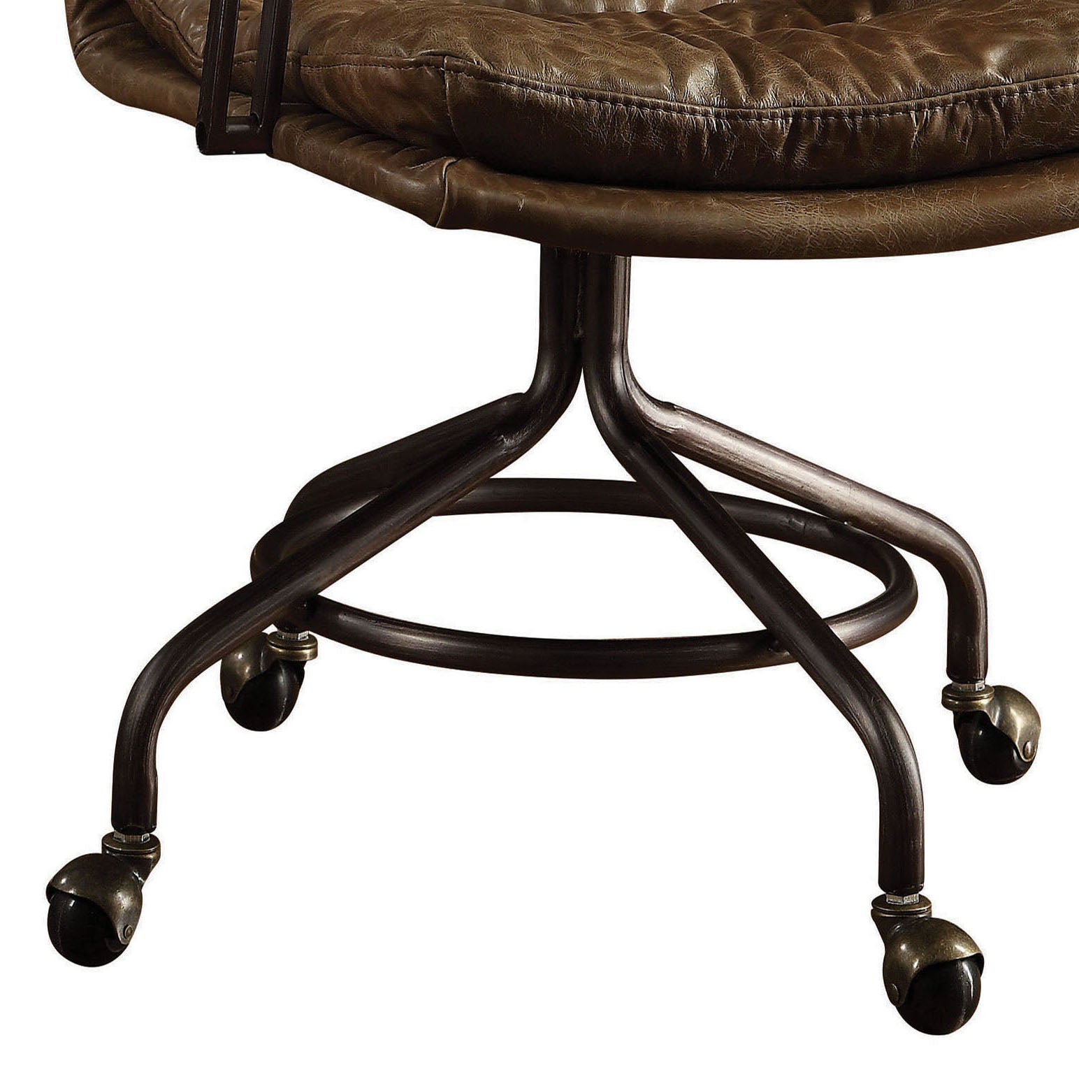 Brown leather office chair with a distressed finish and industrial metal base
