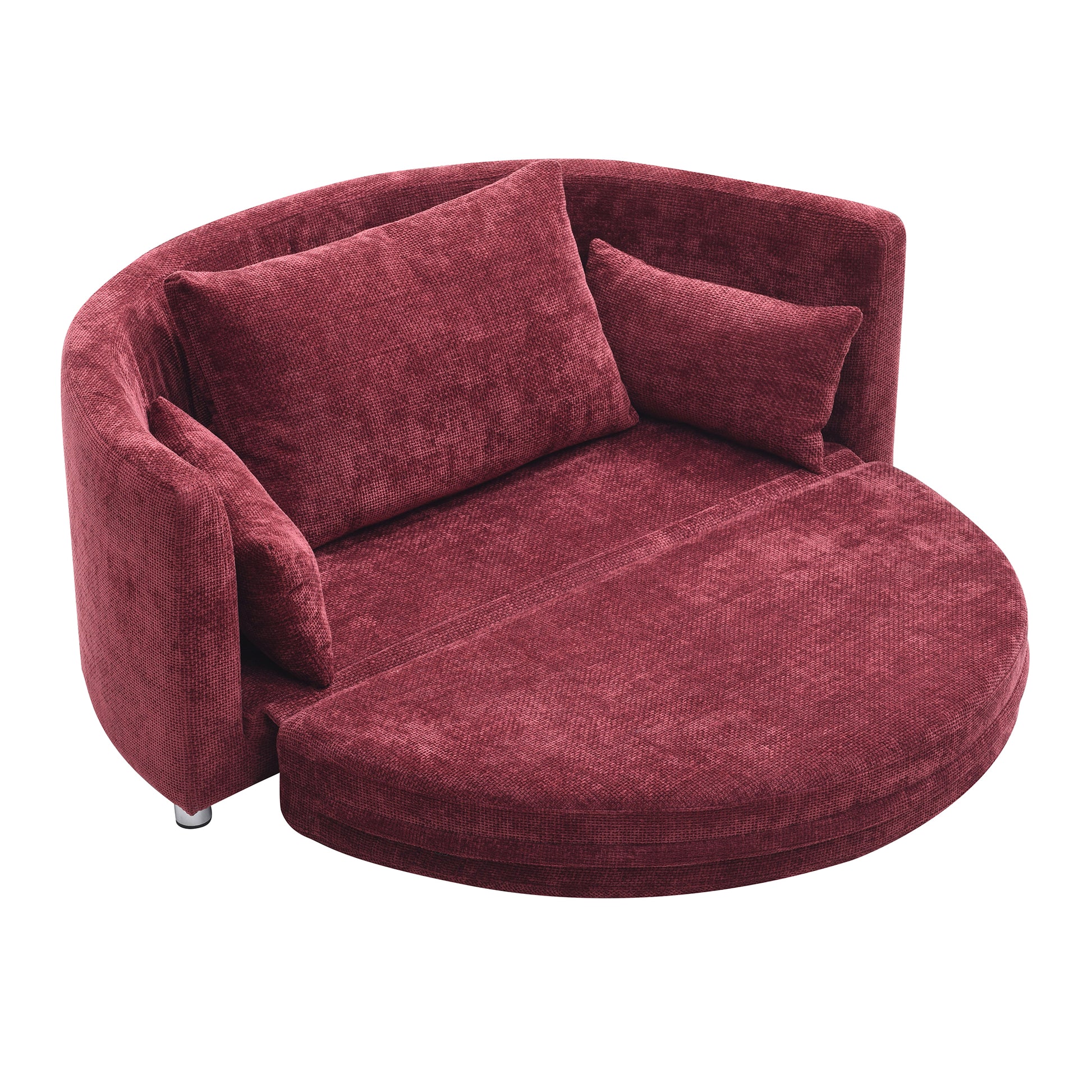 Modern circular daybed in a rich burgundy textured fabric perfect for relaxation