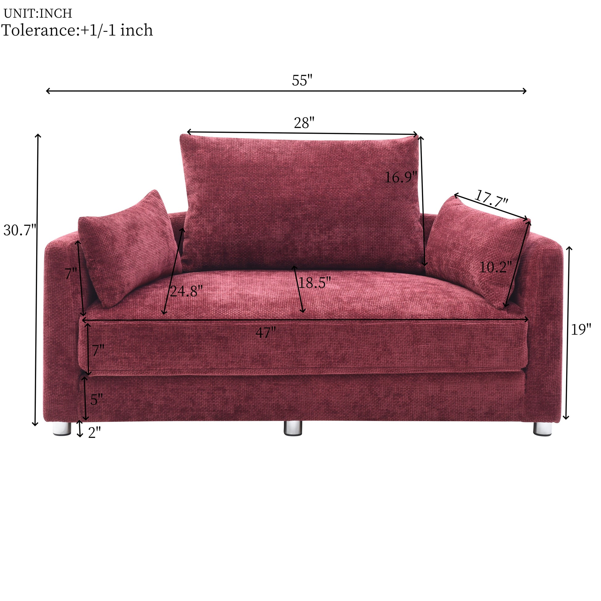 Plush ruby red loveseat with textured fabric two throw pillows and modern metal legs