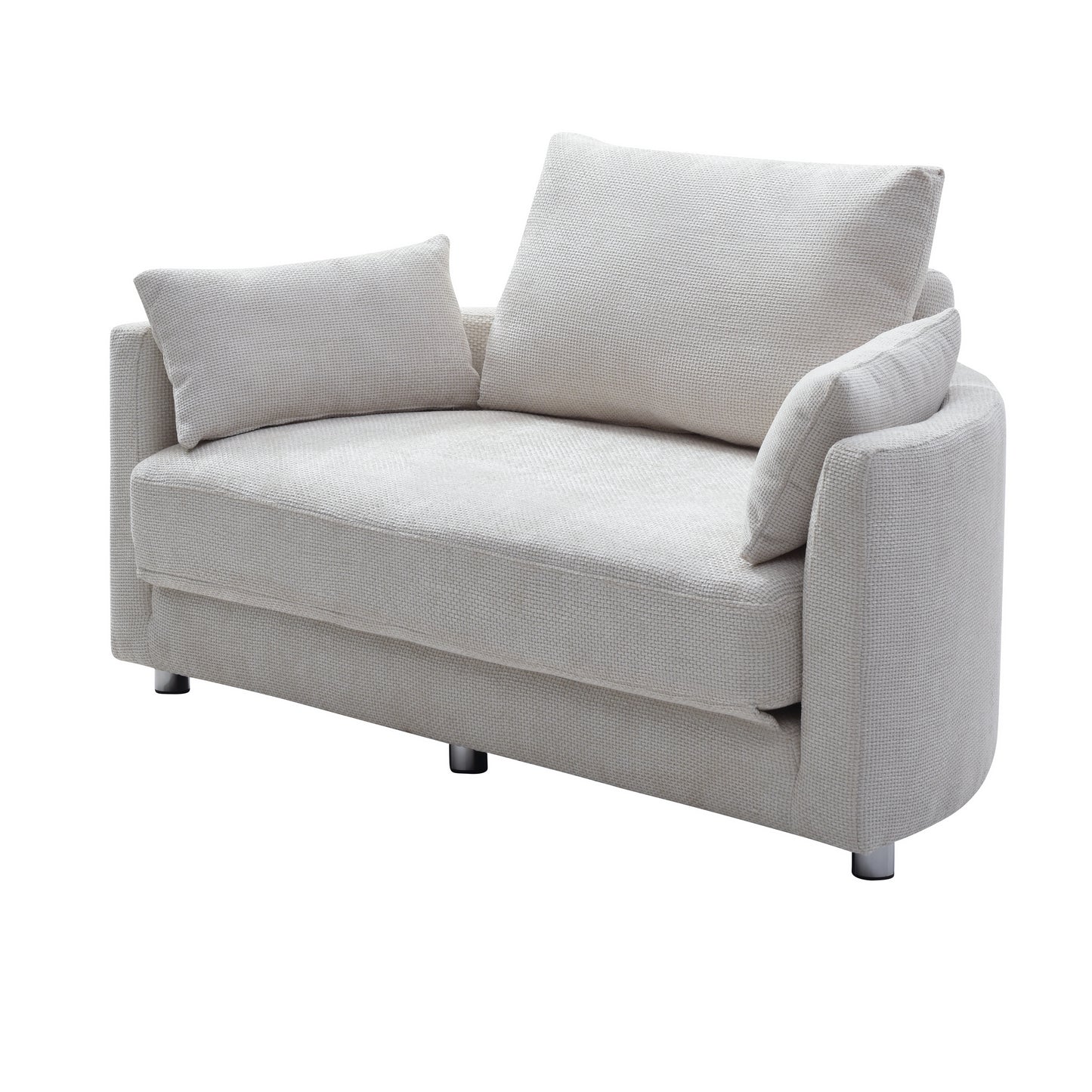 Cream textured fabric loveseat with two throw pillows perfect for small living rooms