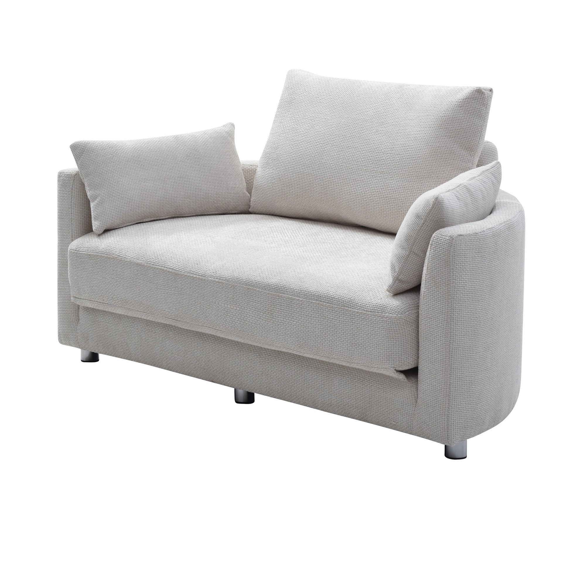 Cream textured fabric loveseat with two throw pillows perfect for small living rooms