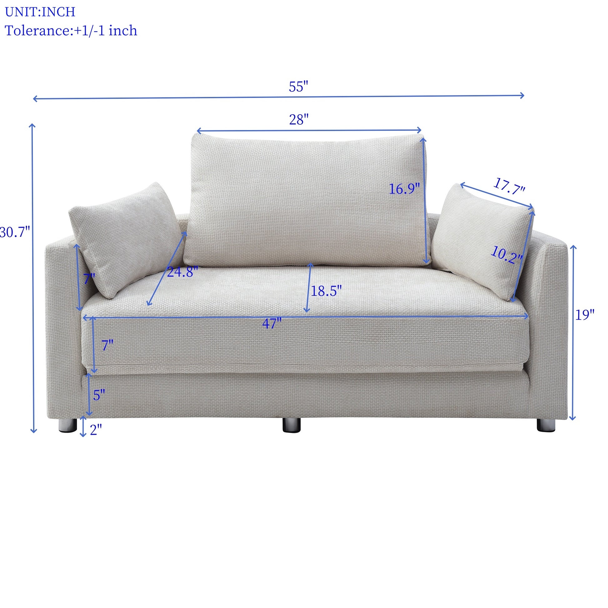 Contemporary beige sofa with textured fabric and accent pillows Dimensions  W x  H