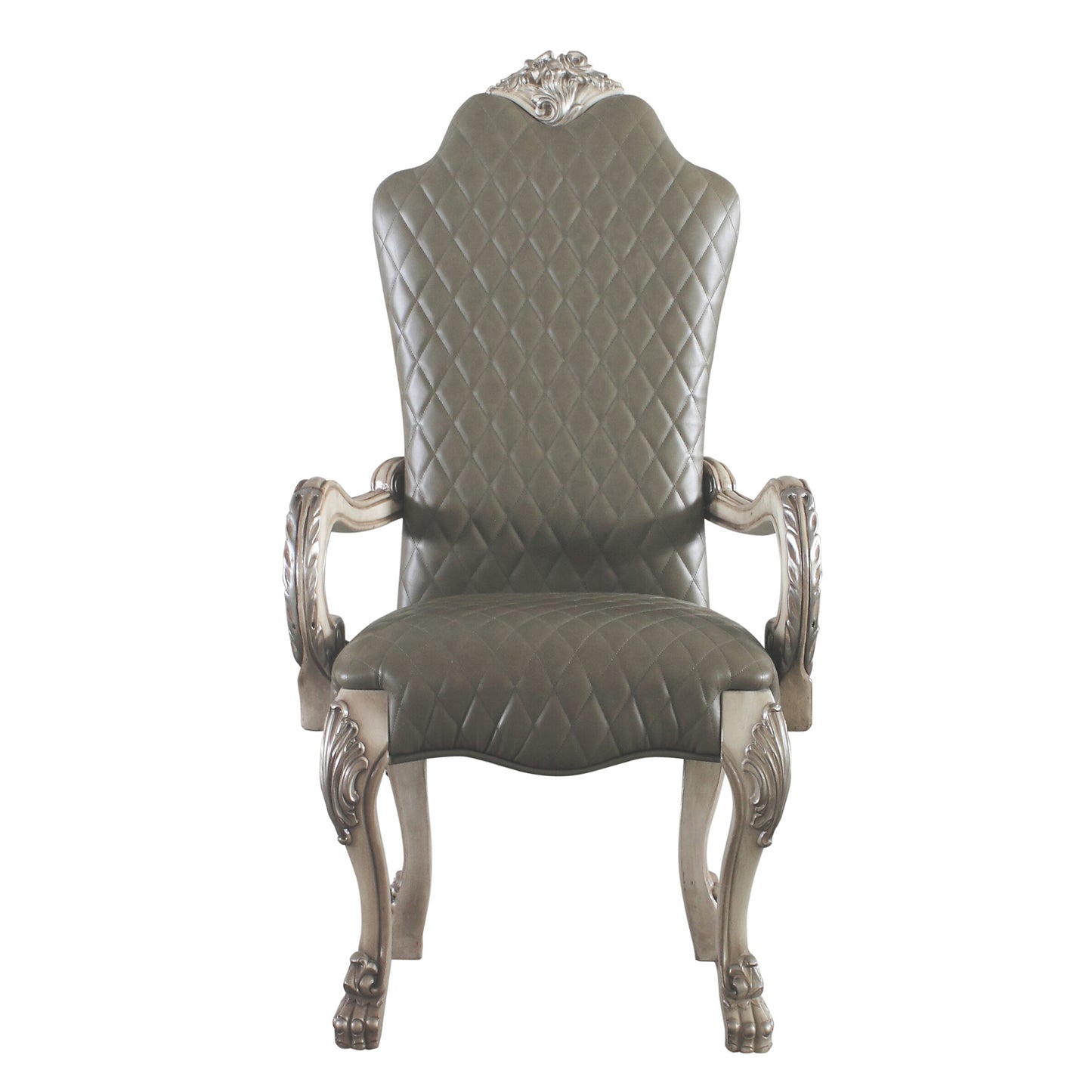 Ornate tufted armchair with grey faux leather and carved antique silver legs