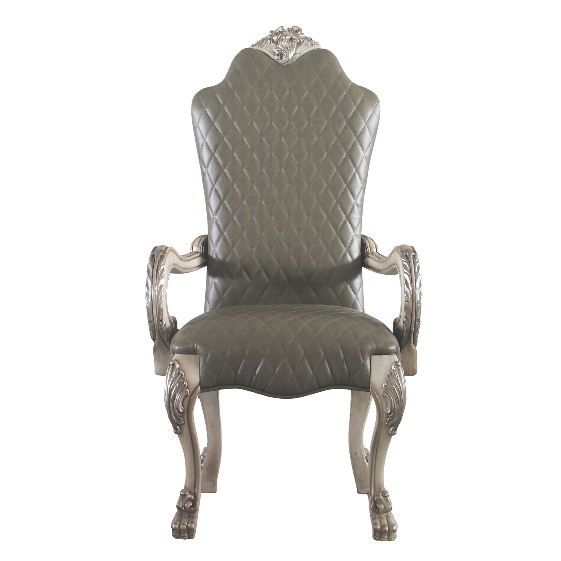 Ornate tufted armchair with grey faux leather and carved antique silver legs