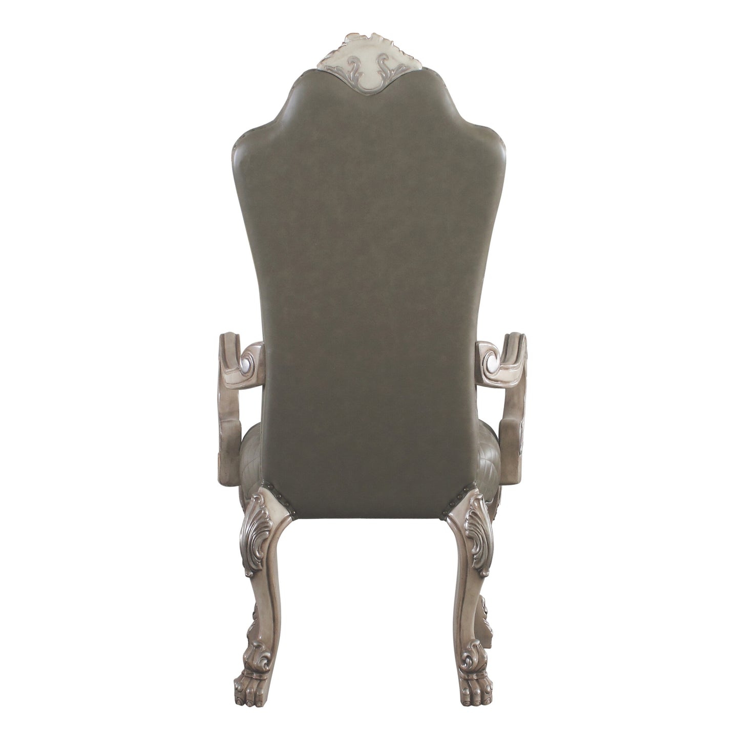 Gray leather wingback chair with ornate silvertone carved wooden legs and armrests