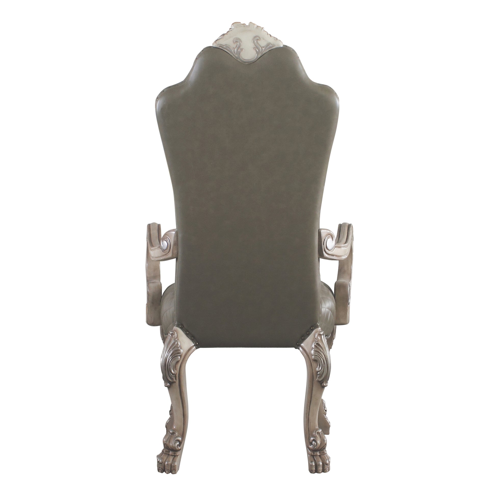 Gray leather wingback chair with ornate silvertone carved wooden legs and armrests