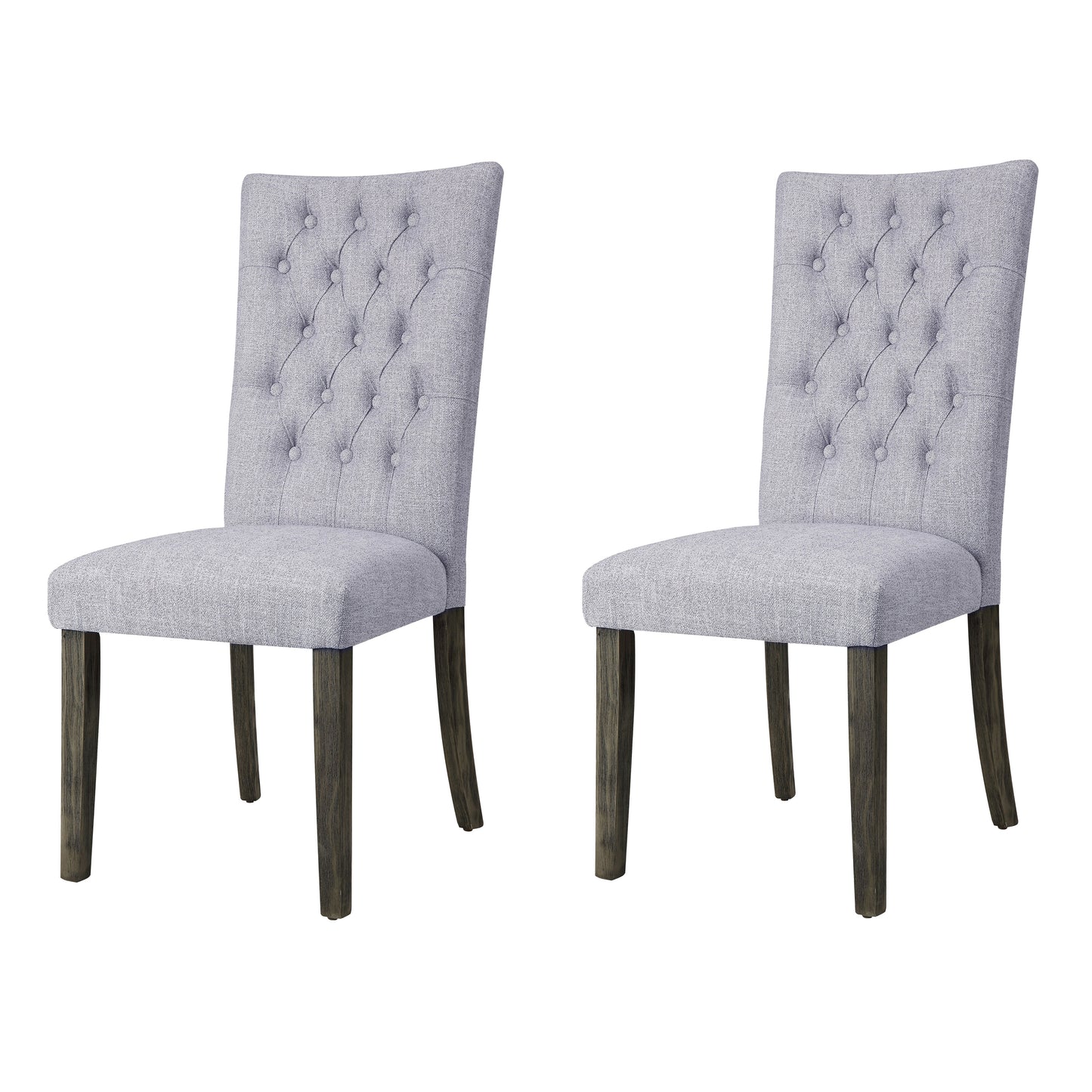 Pair of grey tufted upholstered dining chairs with dark wood legs
