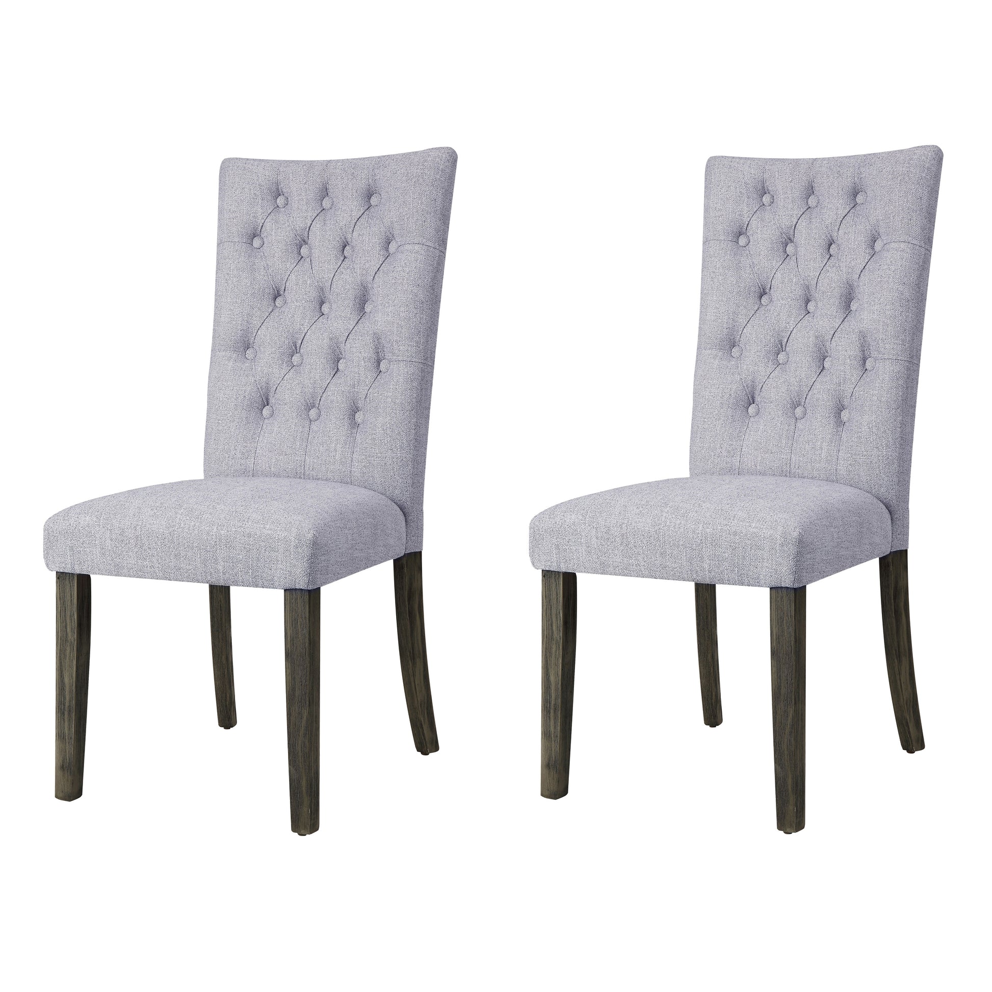 Pair of grey tufted upholstered dining chairs with dark wood legs