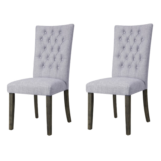 Pair of grey tufted upholstered dining chairs with dark wood legs
