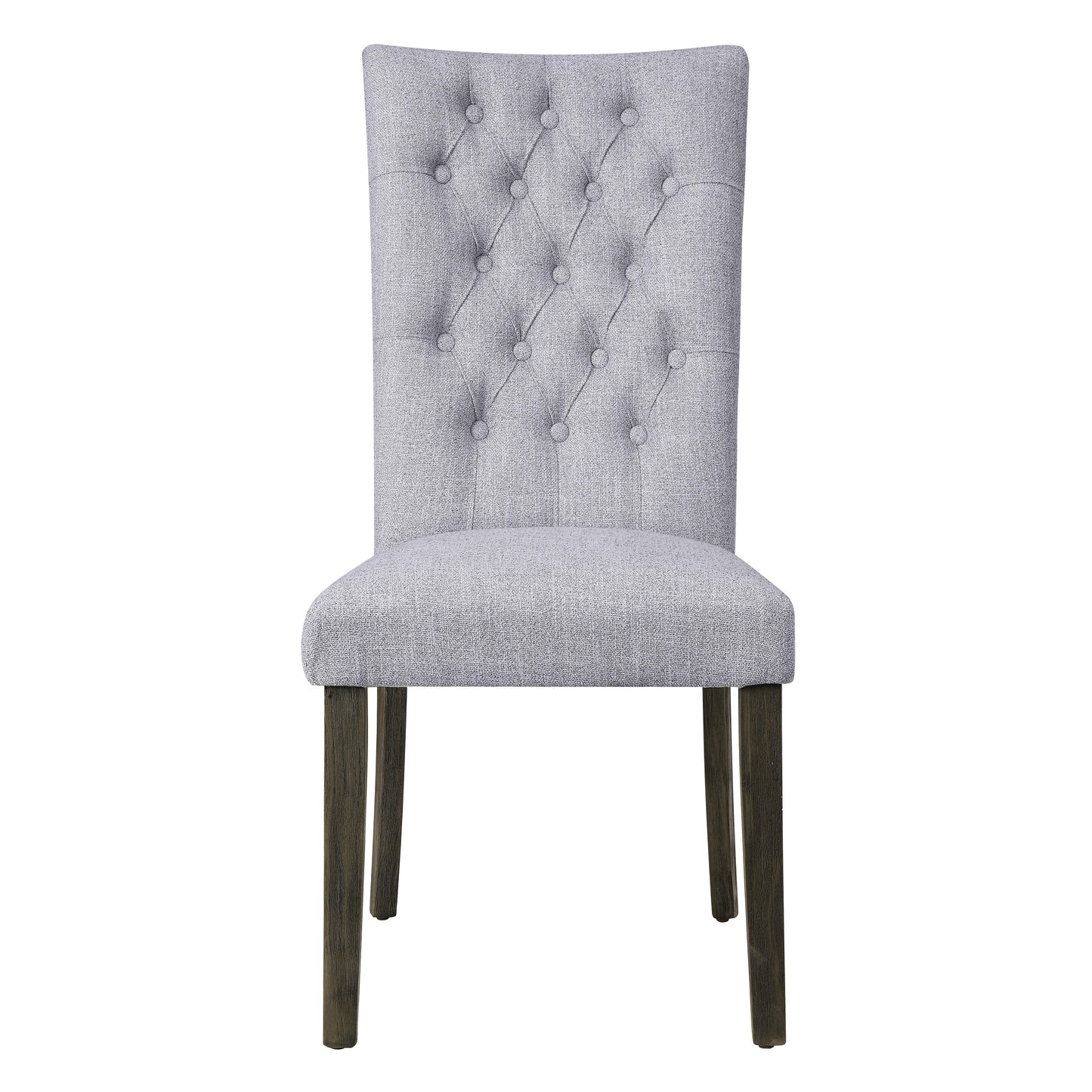 Tufted grey fabric dining chair with dark wooden legs perfect for a modern kitchen