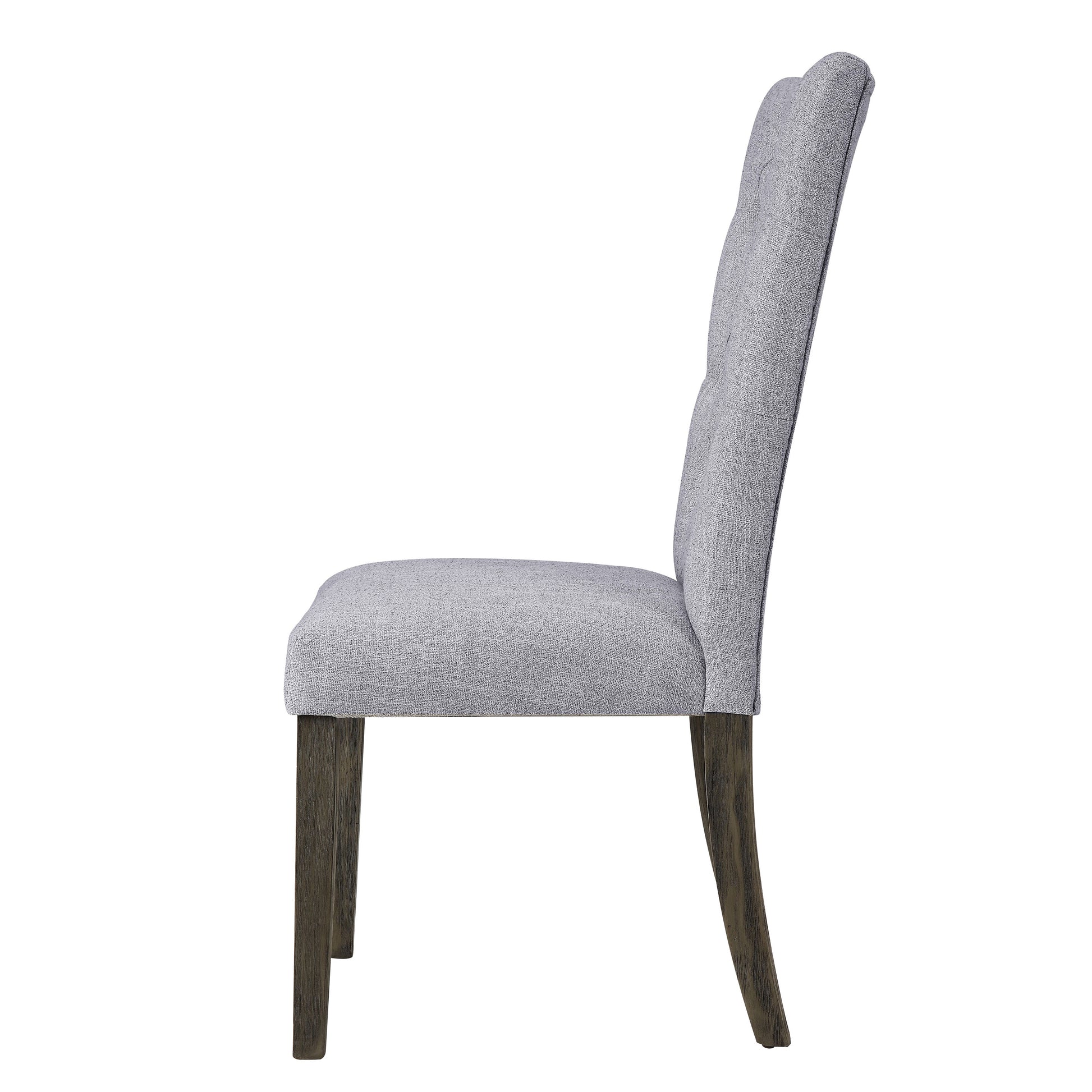 Tufted grey fabric dining chair with dark wood legs elegant side view
