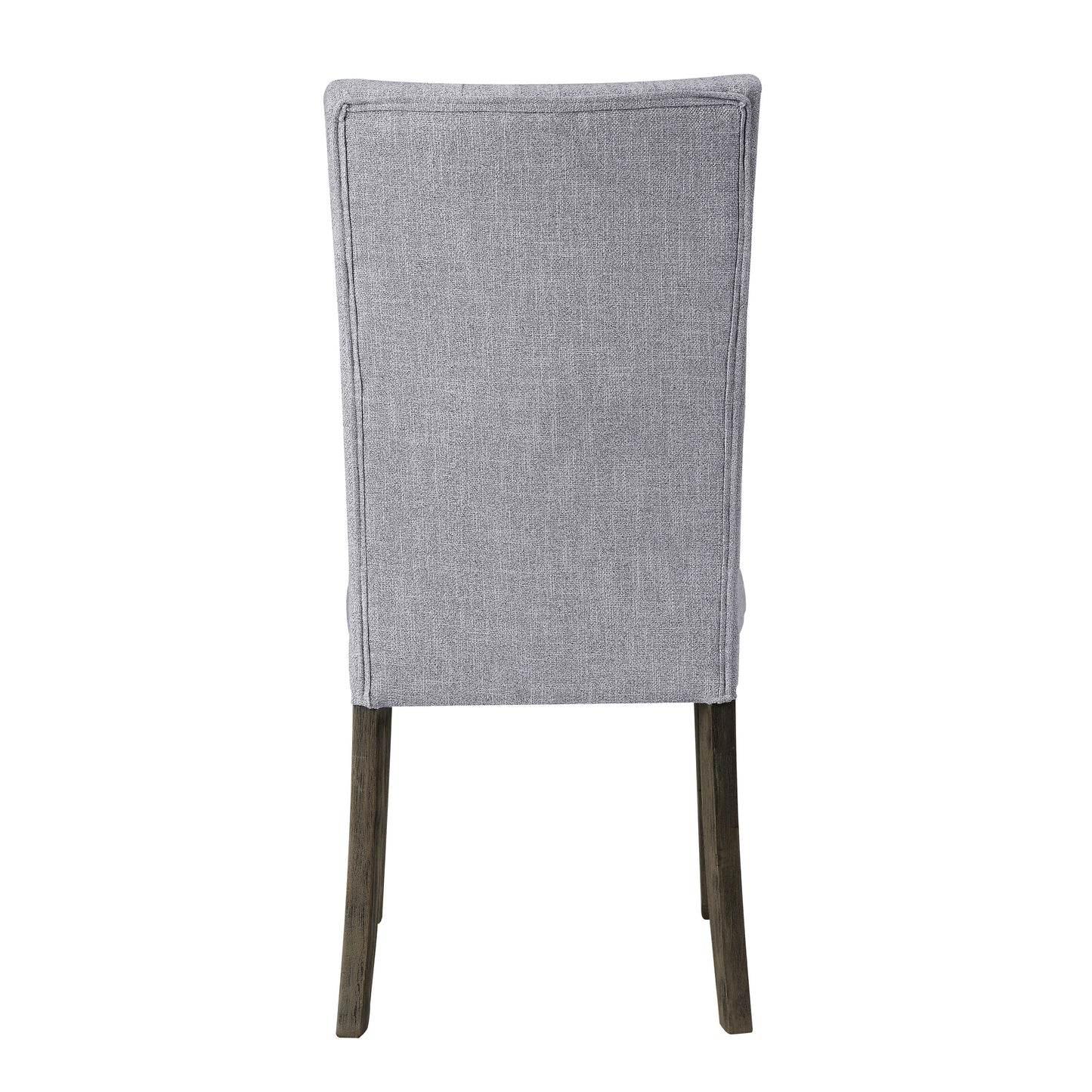 Back view of upholstered dining chair with gray fabric and dark wood legs