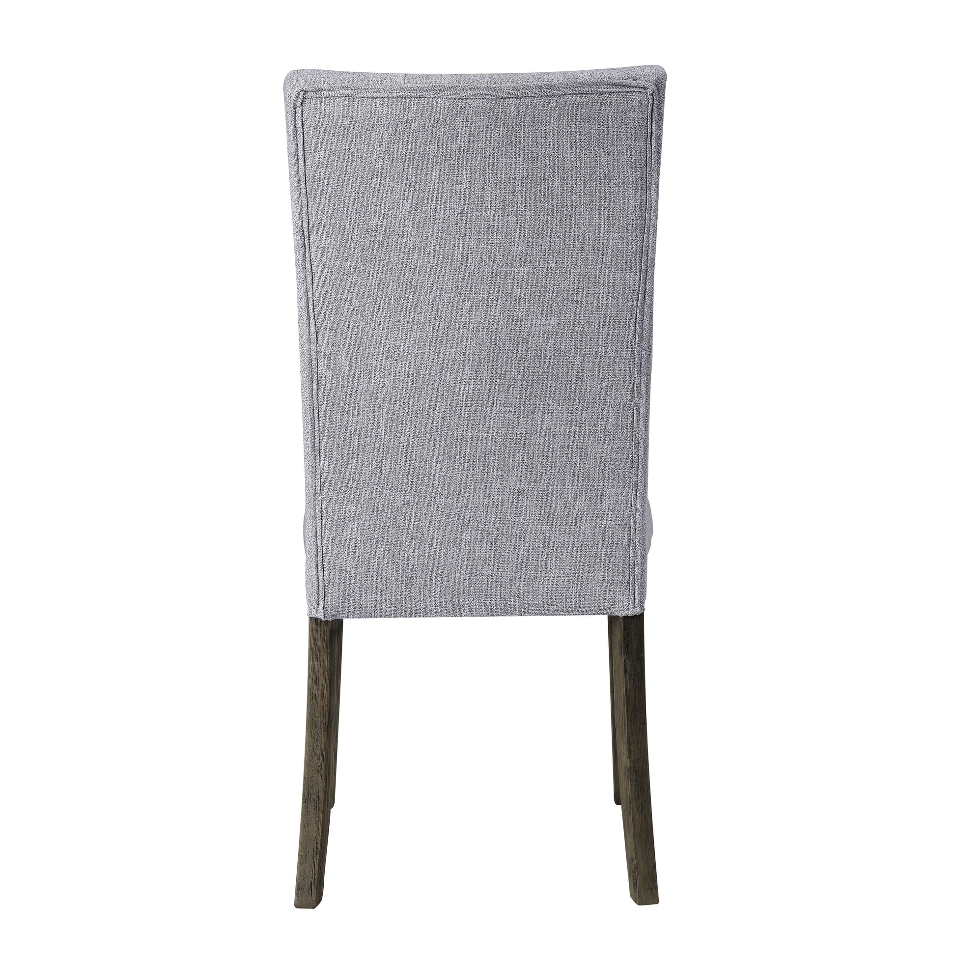Back view of upholstered dining chair with gray fabric and dark wood legs
