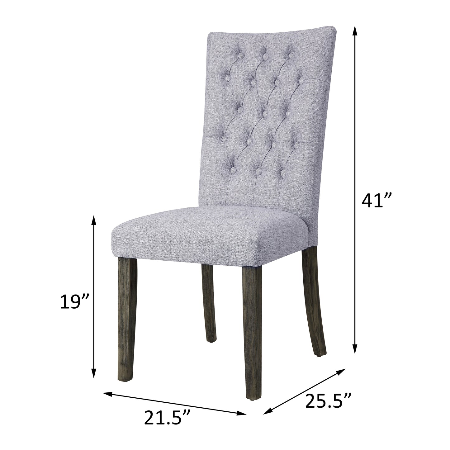 Light grey tufted upholstered dining chair with dark wood legs
