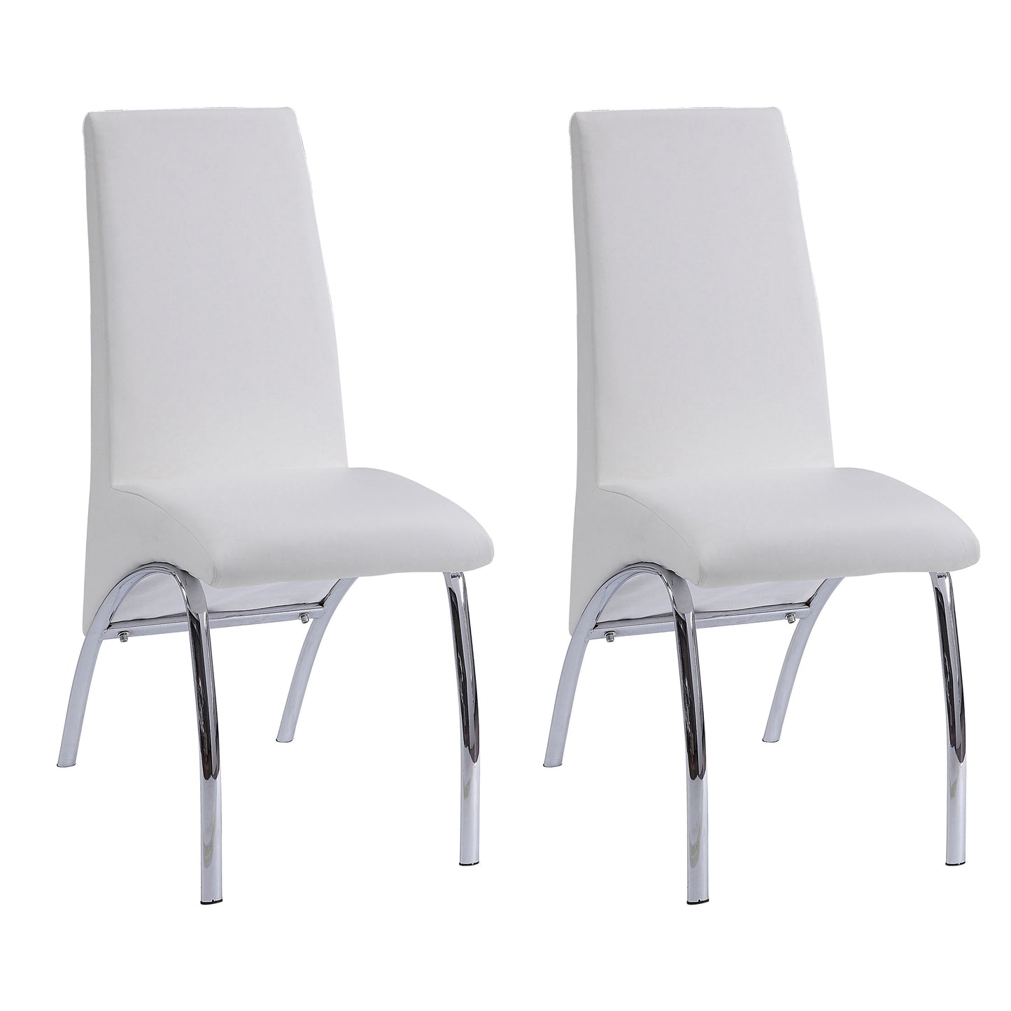 Two white fabric dining chairs with sleek chrome legs for modern kitchens