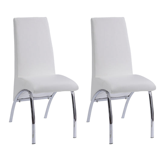 Two white fabric dining chairs with sleek chrome legs for modern kitchens