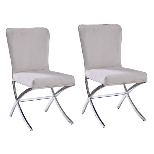 Pair of light gray fabric dining chairs with polished chrome Xframe legs