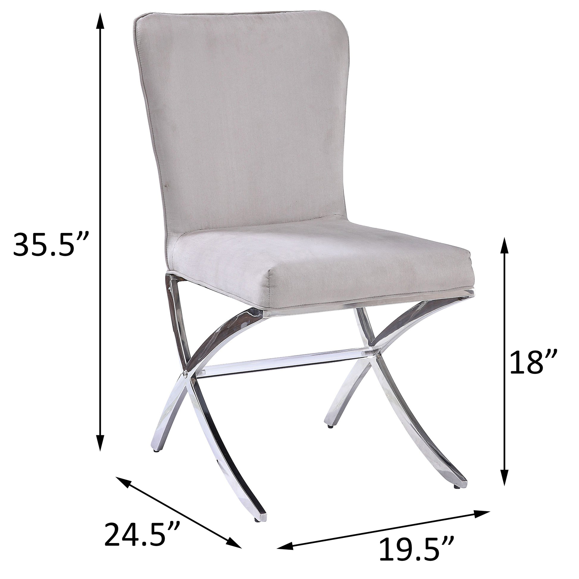 Light gray velvet accent chair with polished chrome Xbase legs