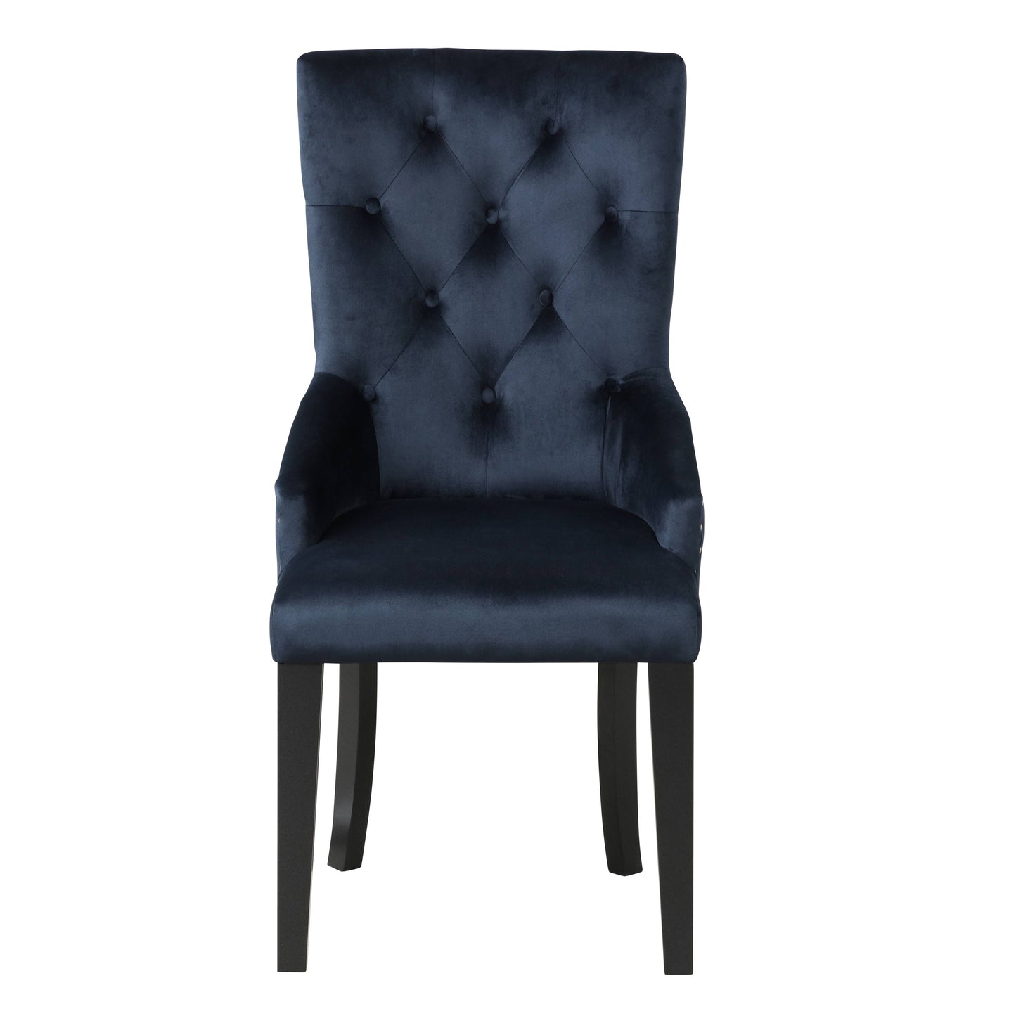Dark navy velvet dining chair with button tufted back and dark wood legs