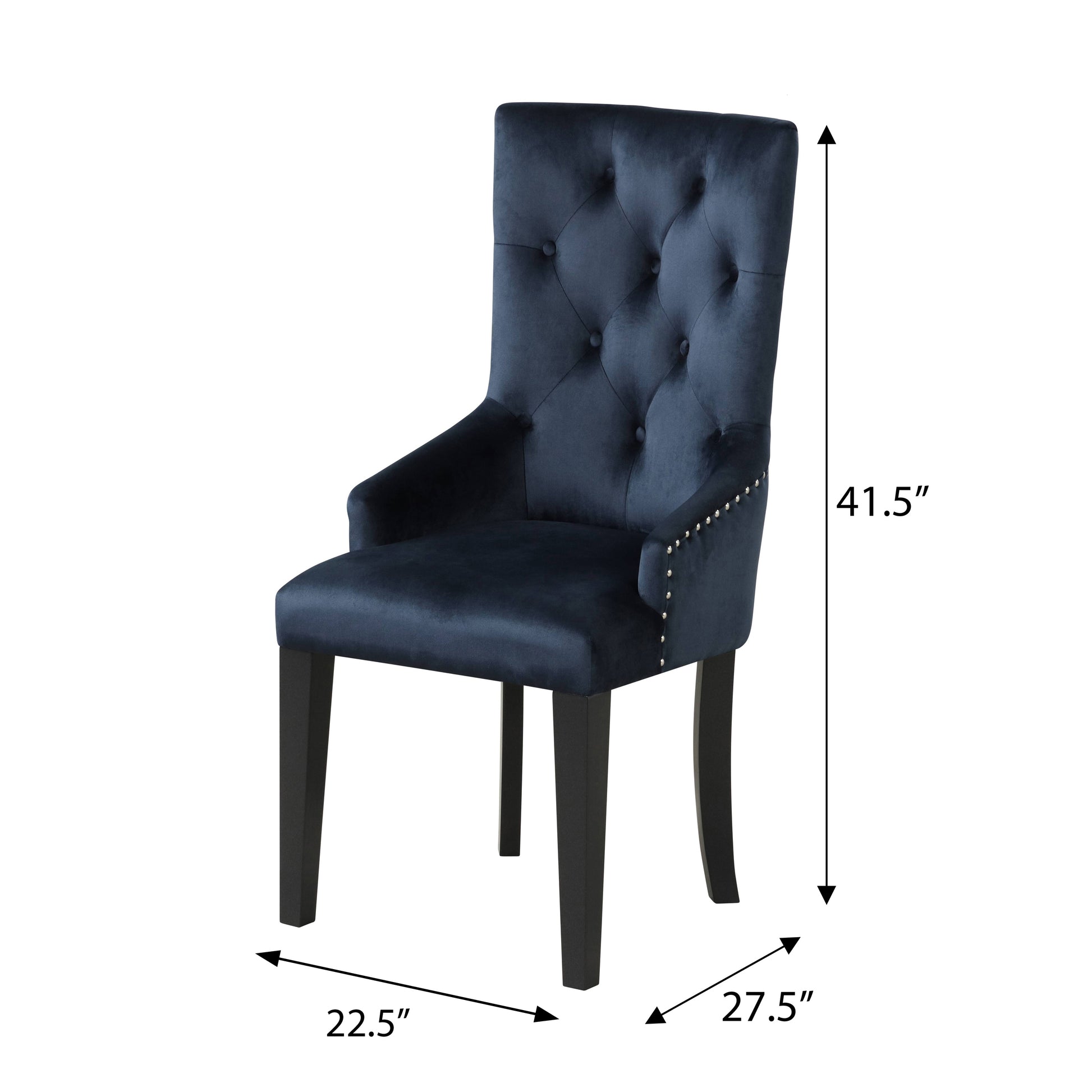 Dark blue velvet dining chair with diamond tufting and silver nailhead trim