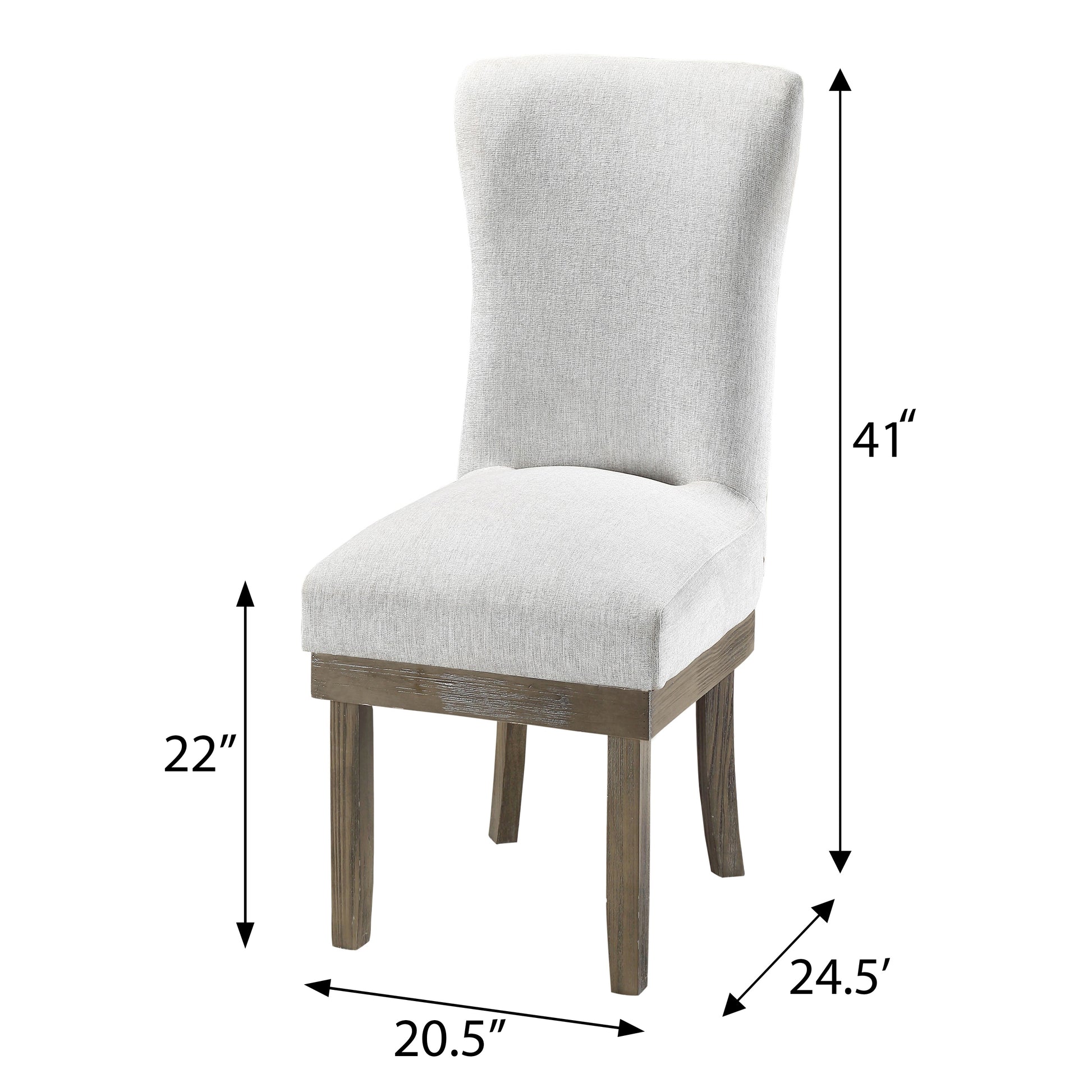 Light grey upholstered dining chair with rustic wood legs and wingback design