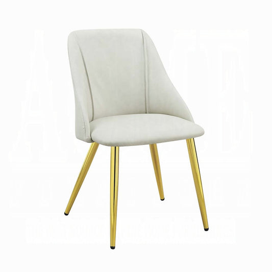 Elegant white velvet dining chair with sleek gold metal legs
