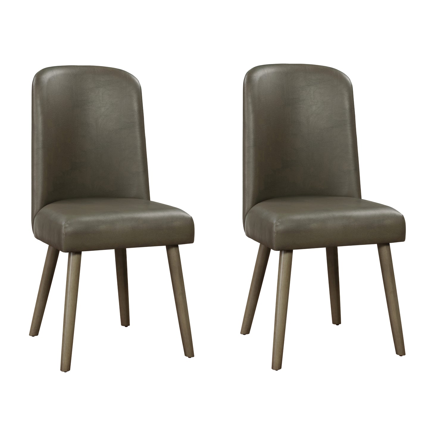 Two modern grey faux leather dining chairs with angled wooden legs