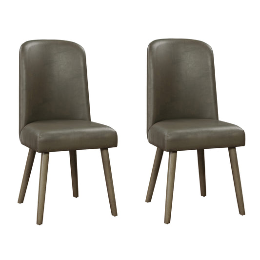 Two modern grey faux leather dining chairs with angled wooden legs