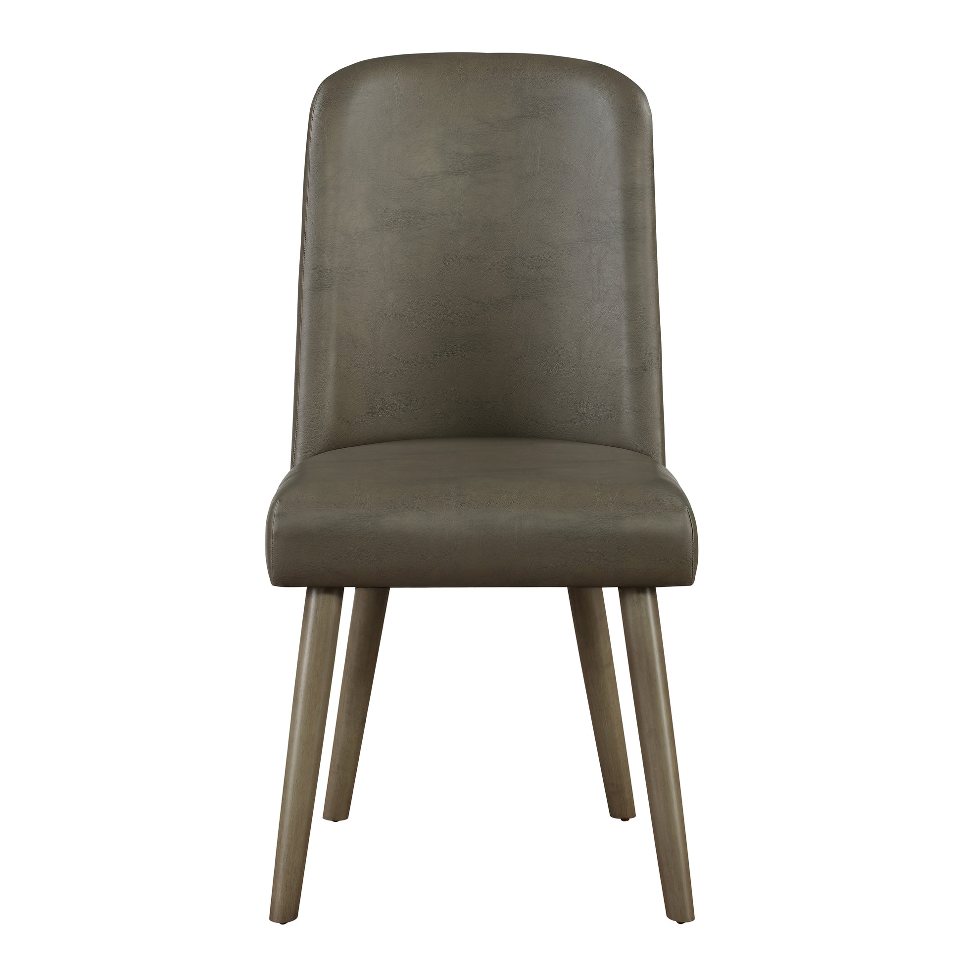 Modern gray faux leather dining chair with tapered wooden legs