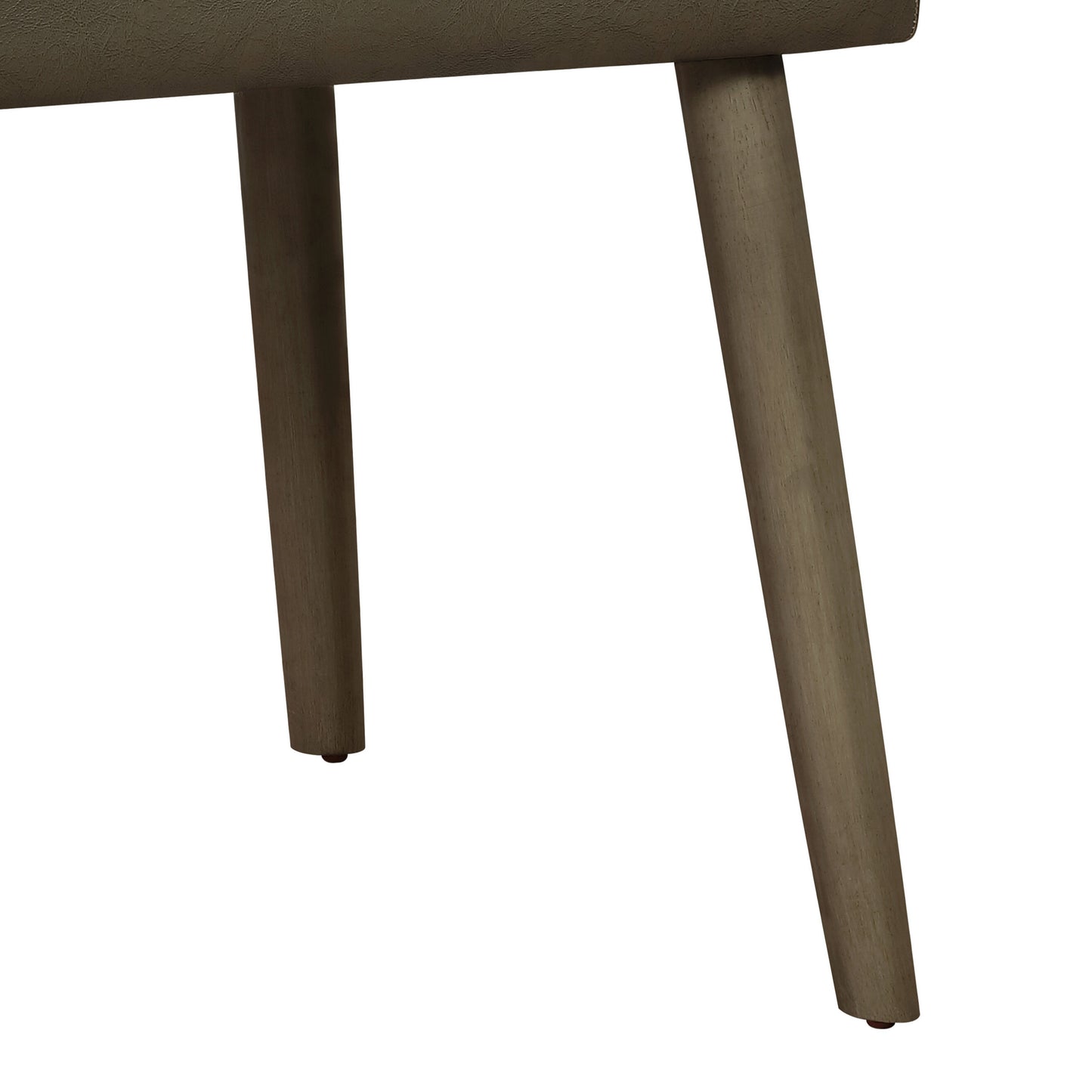 Tapered wooden legs in a medium oak finish on a brown upholstered bench
