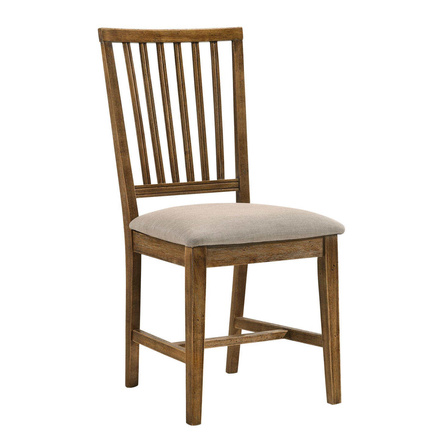 Rustic wood dining chair with a light beige linen upholstered seat