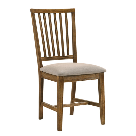 Rustic wood dining chair with a light beige linen upholstered seat